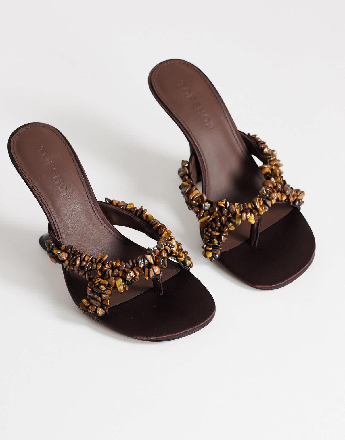 Topshop Natasha embellished mule high heeled sandal in chocolate satin 