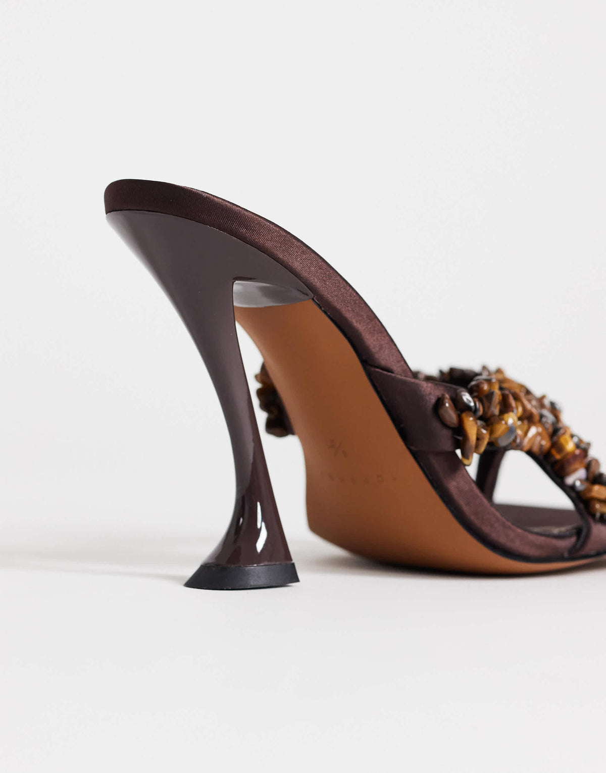 Topshop Natasha embellished mule high heeled sandal in chocolate satin 