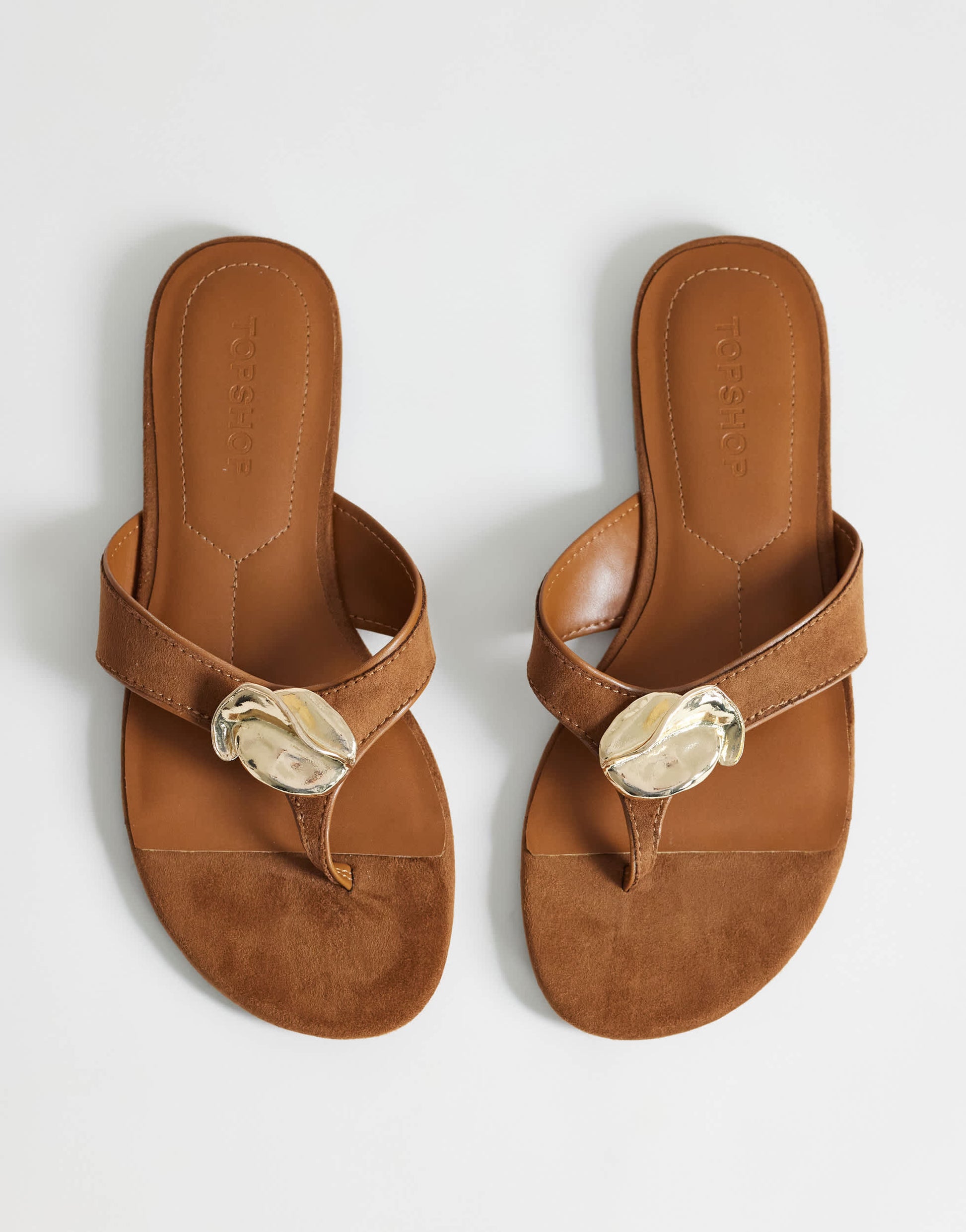 Topshop Eden toe thong sandal with hardware in tan faux suede