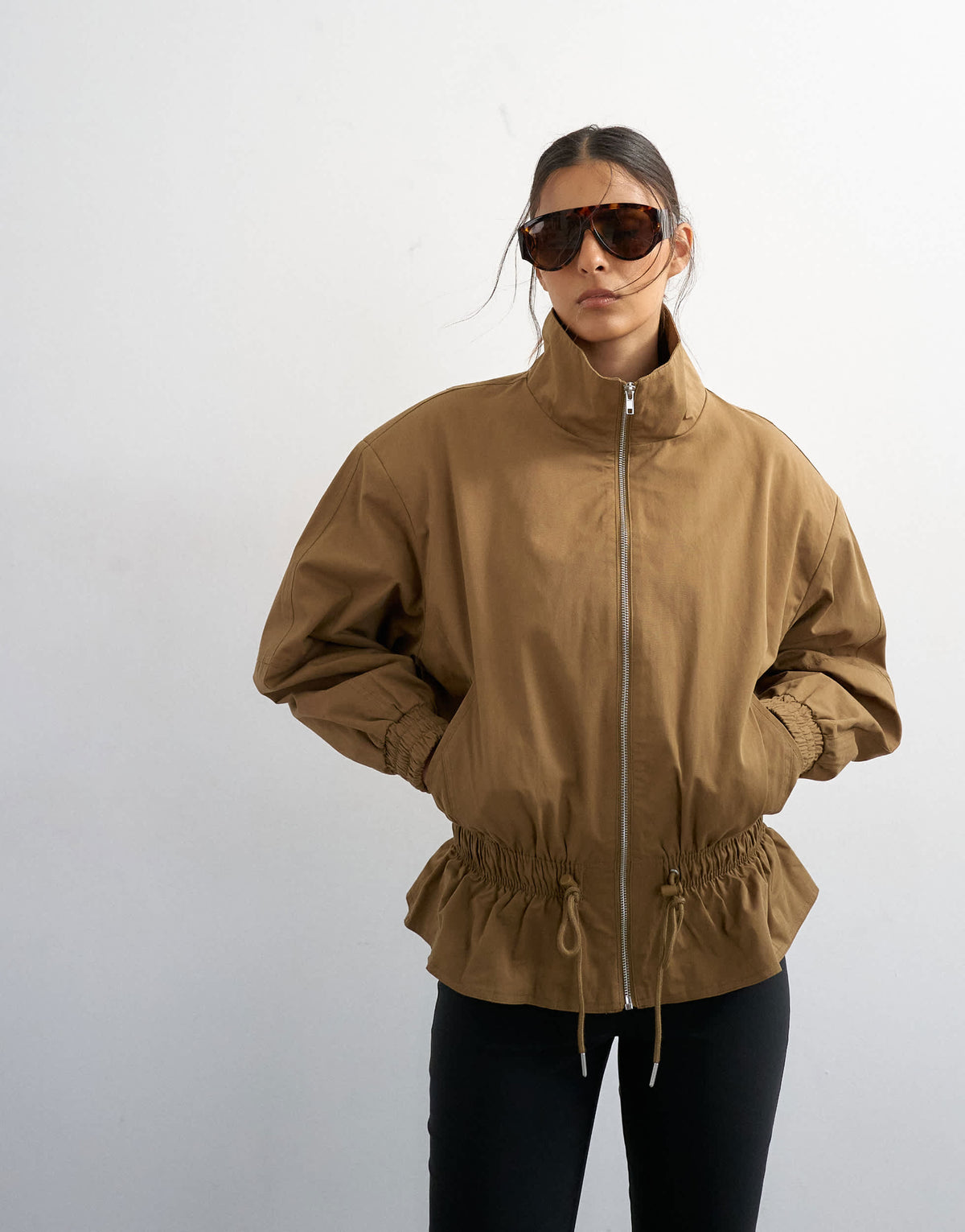 Topshop cotton toggle waist zip through jacket in khaki