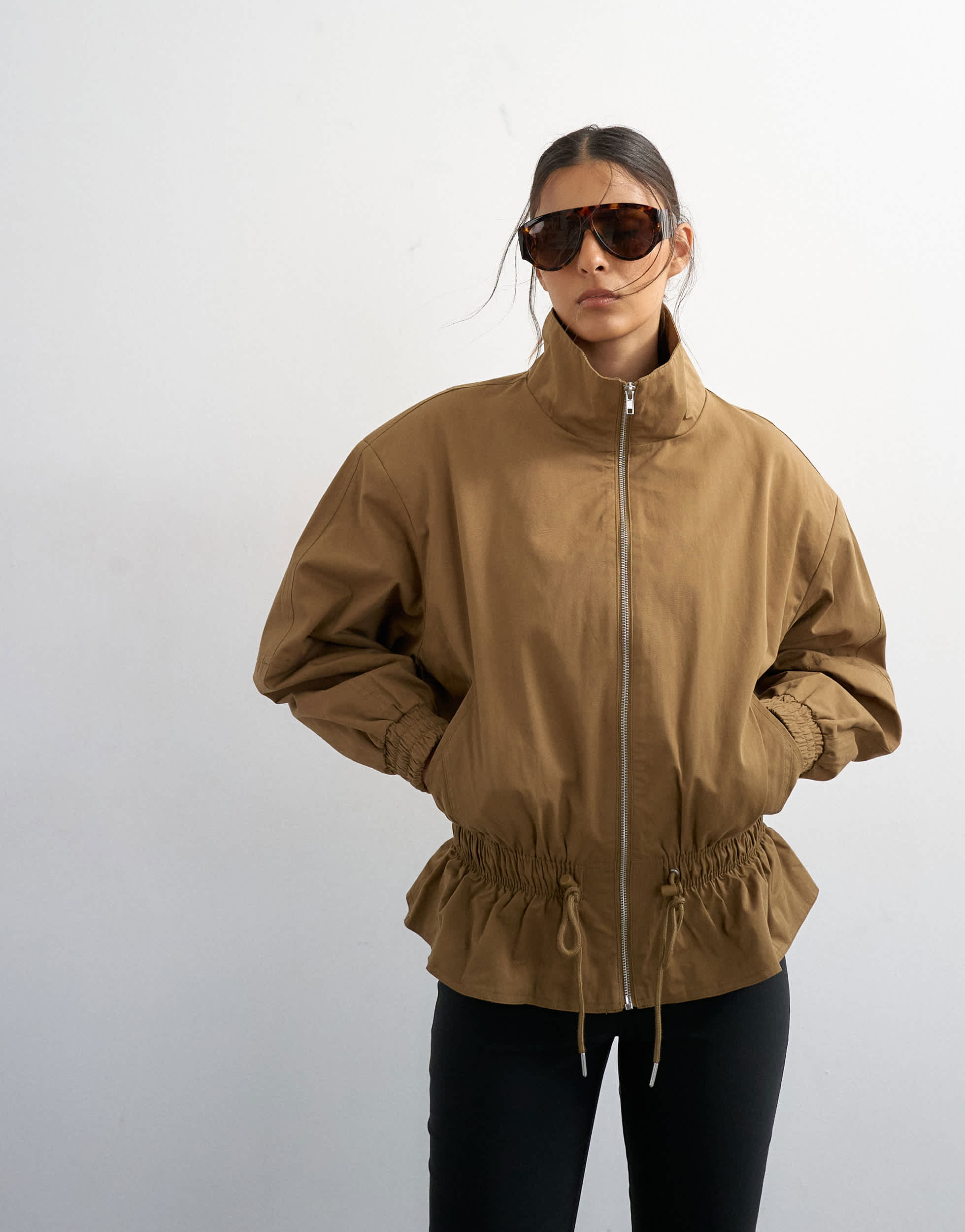 Topshop cotton toggle waist zip through jacket in khaki