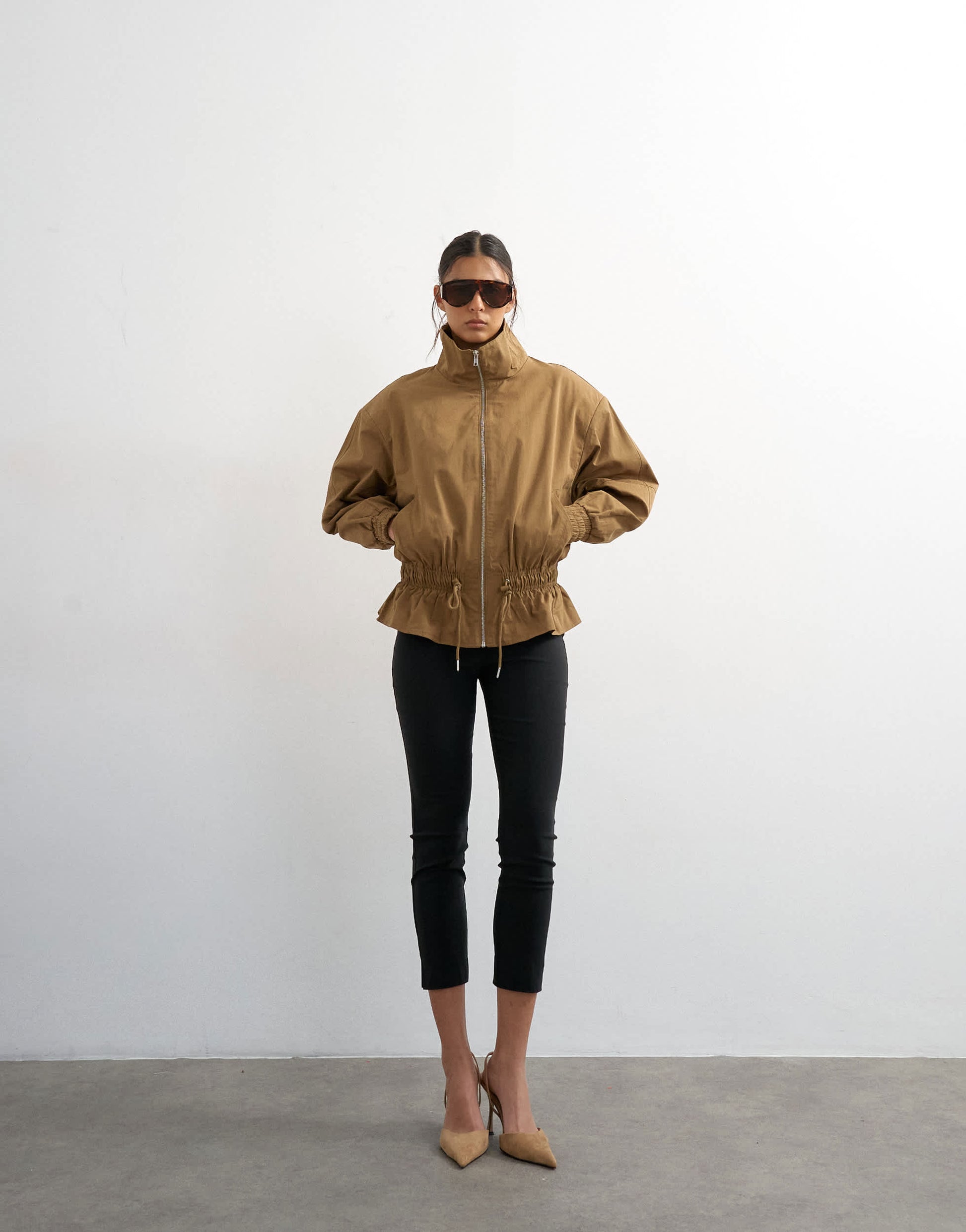Topshop cotton toggle waist zip through jacket in khaki
