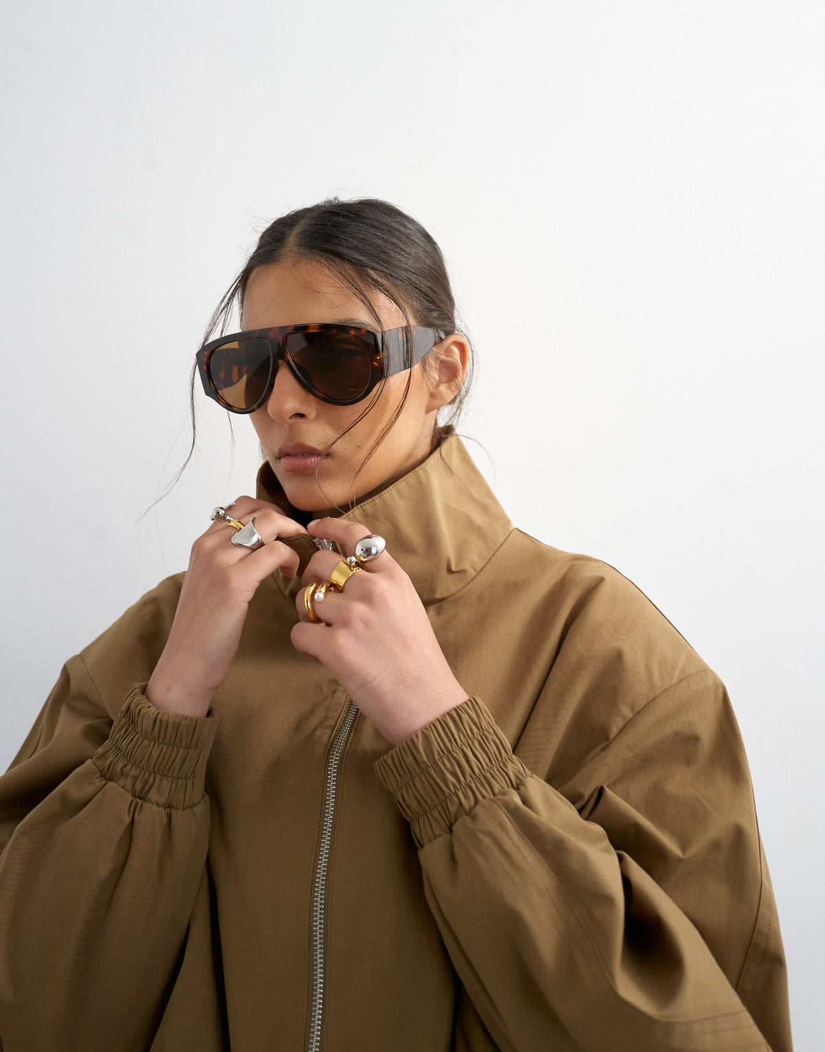 Topshop cotton toggle waist zip through jacket in khaki
