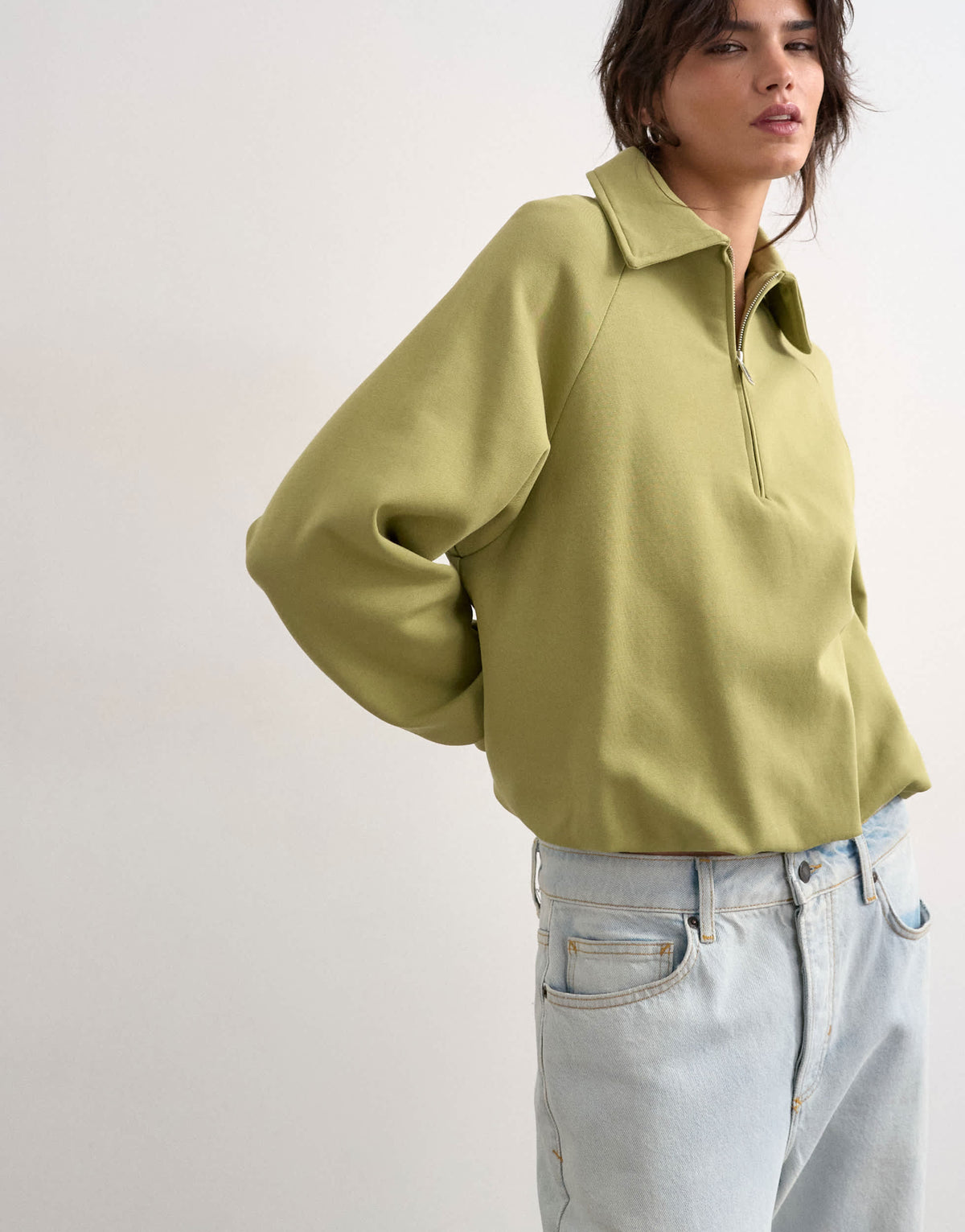 Topshop interlock bubble hem polo quarter zip sweat in green