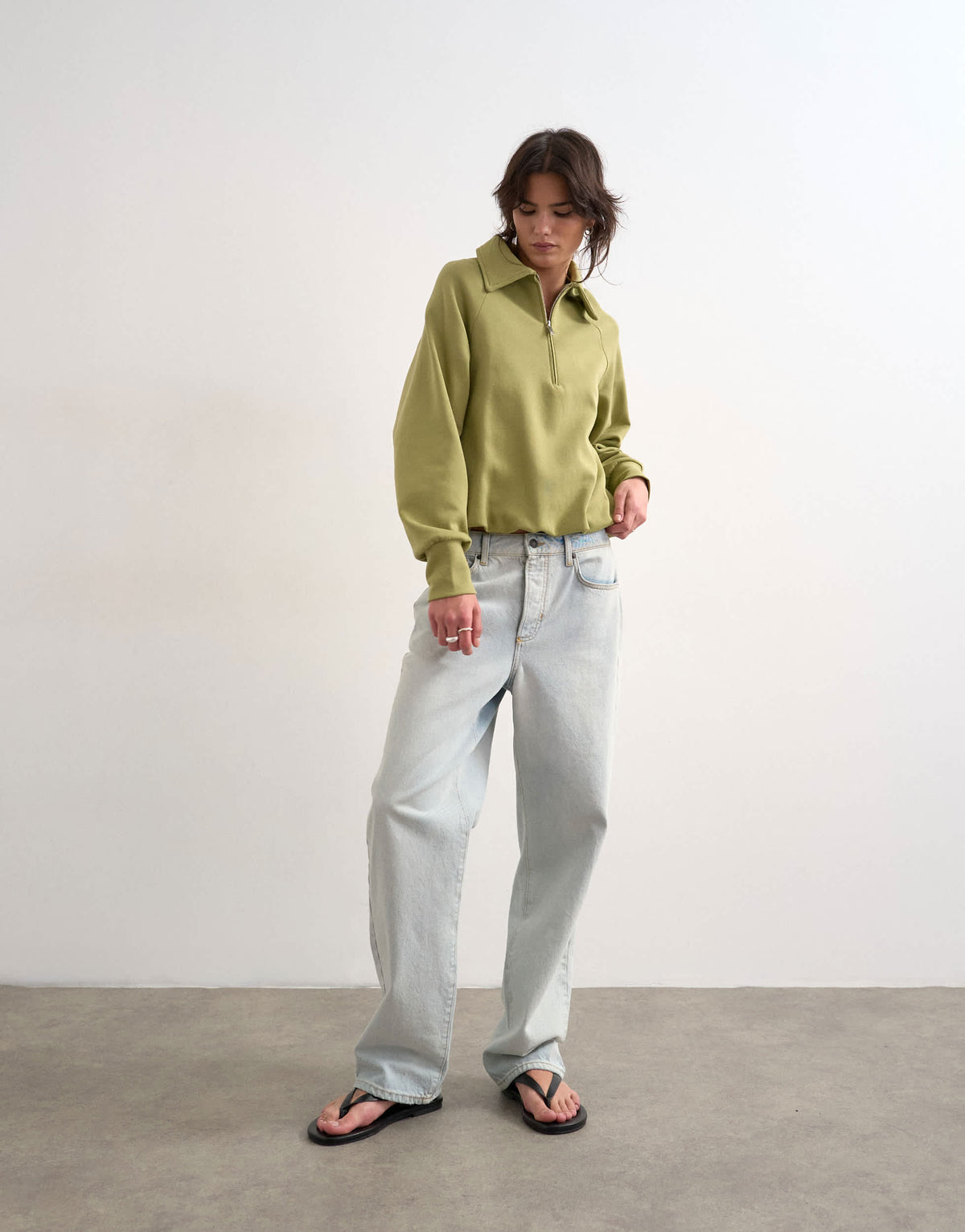 Topshop interlock bubble hem polo quarter zip sweat in green