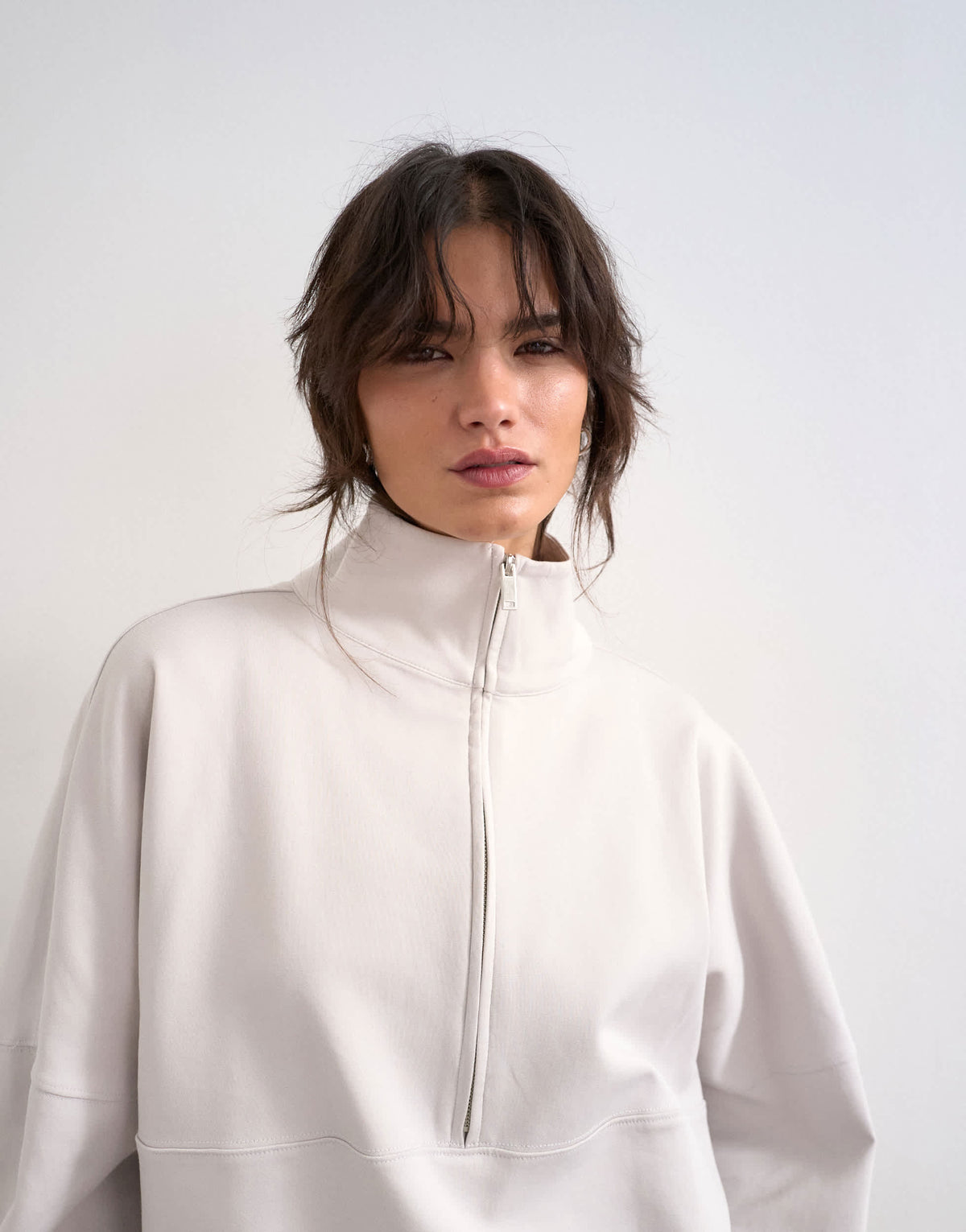 Topshop interlock long sleeve funnel neck zip sweat co-ord in stone