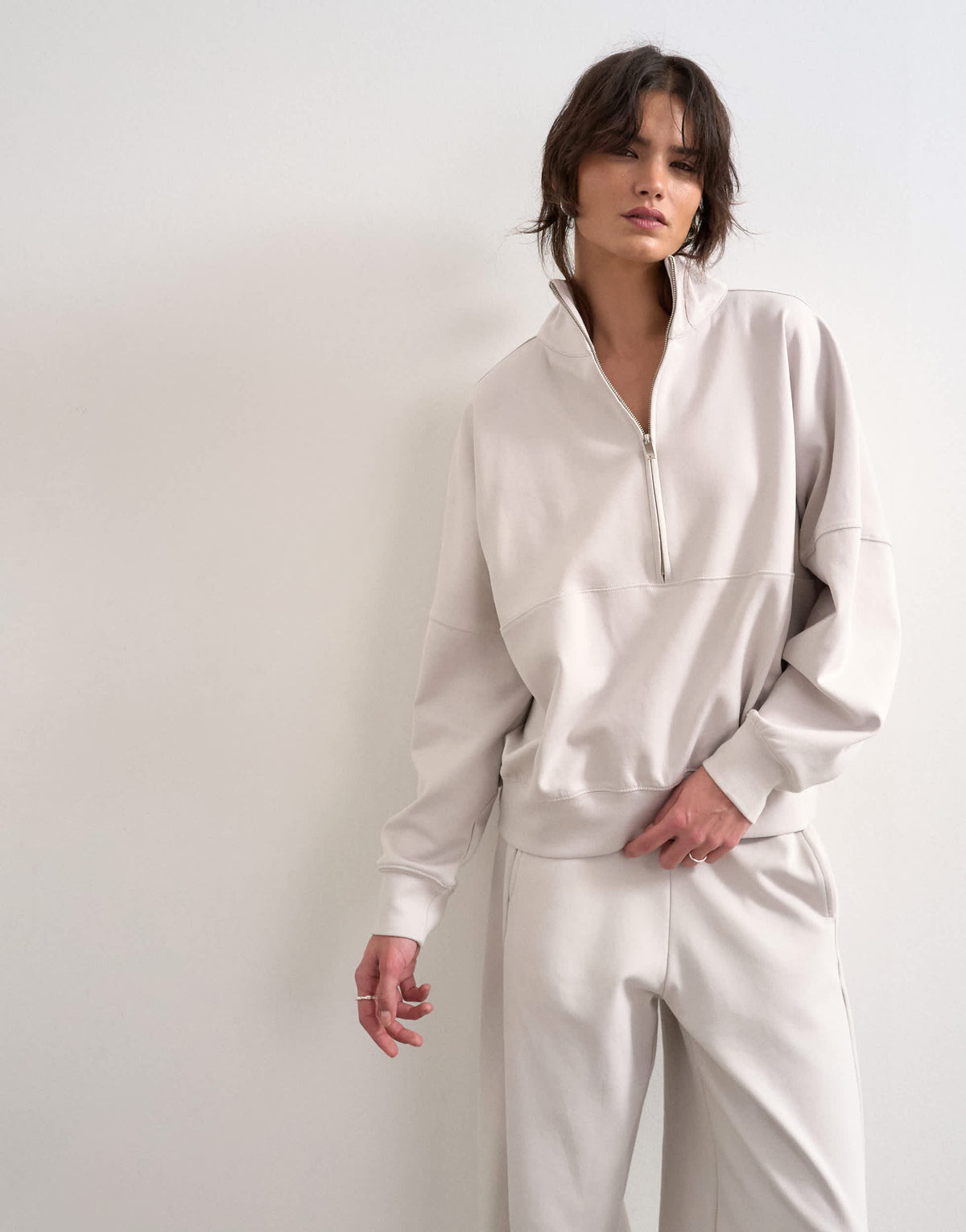 Topshop interlock long sleeve funnel neck zip sweat co-ord in stone