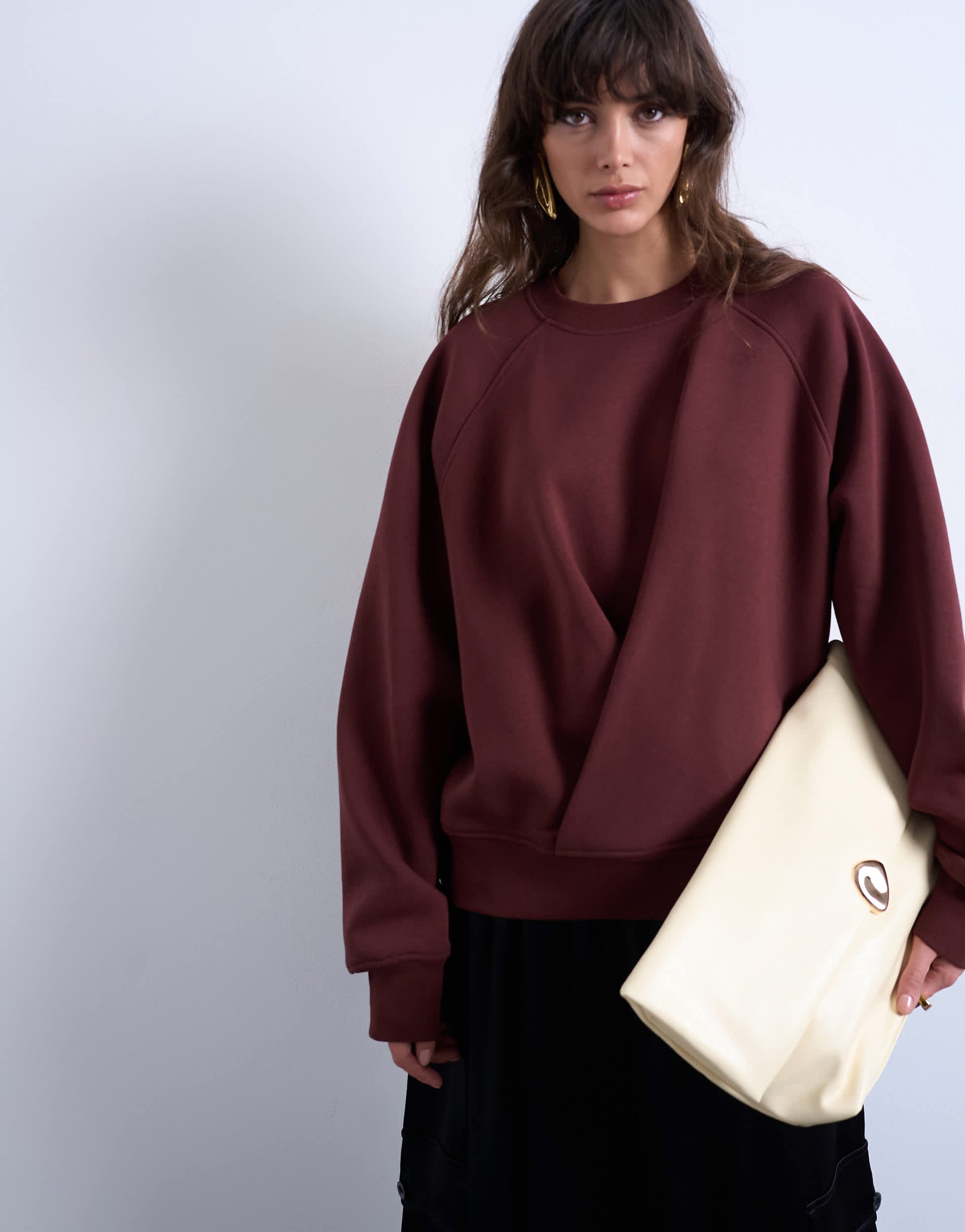 Topshop wrap front detail sweatshirt in chocolate