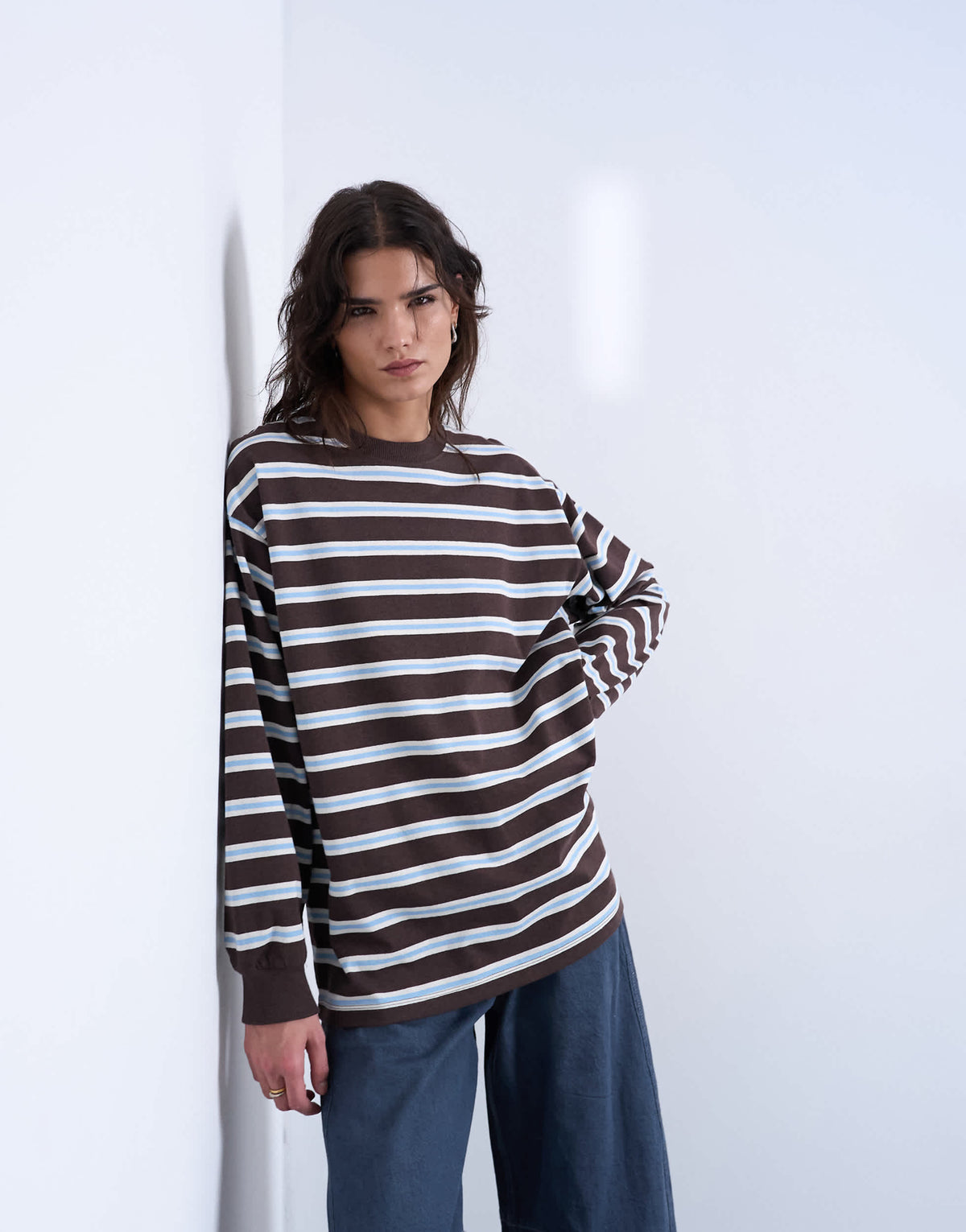 Topshop stripe long sleeve slouchy skater tee in chocolate