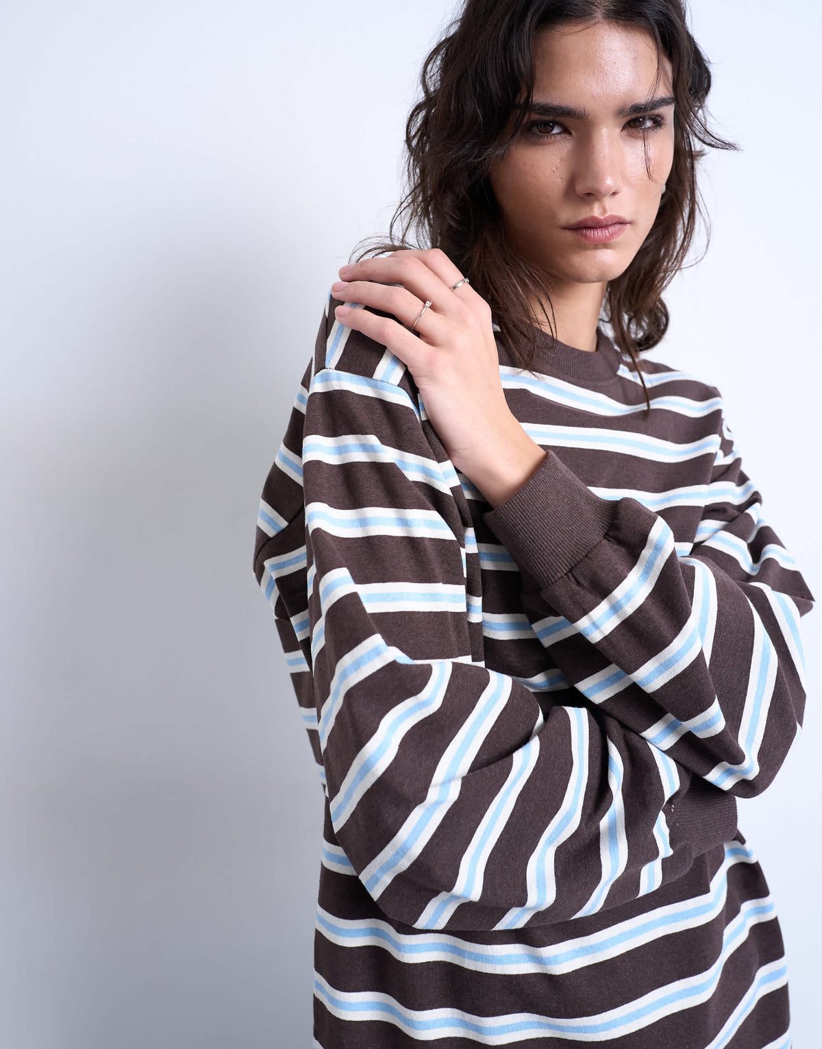 Topshop stripe long sleeve slouchy skater tee in chocolate