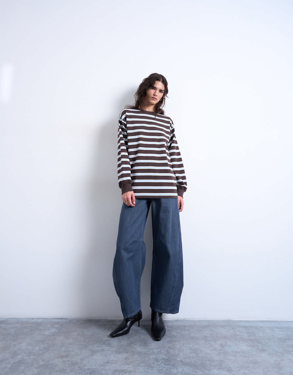 Topshop stripe long sleeve slouchy skater tee in chocolate