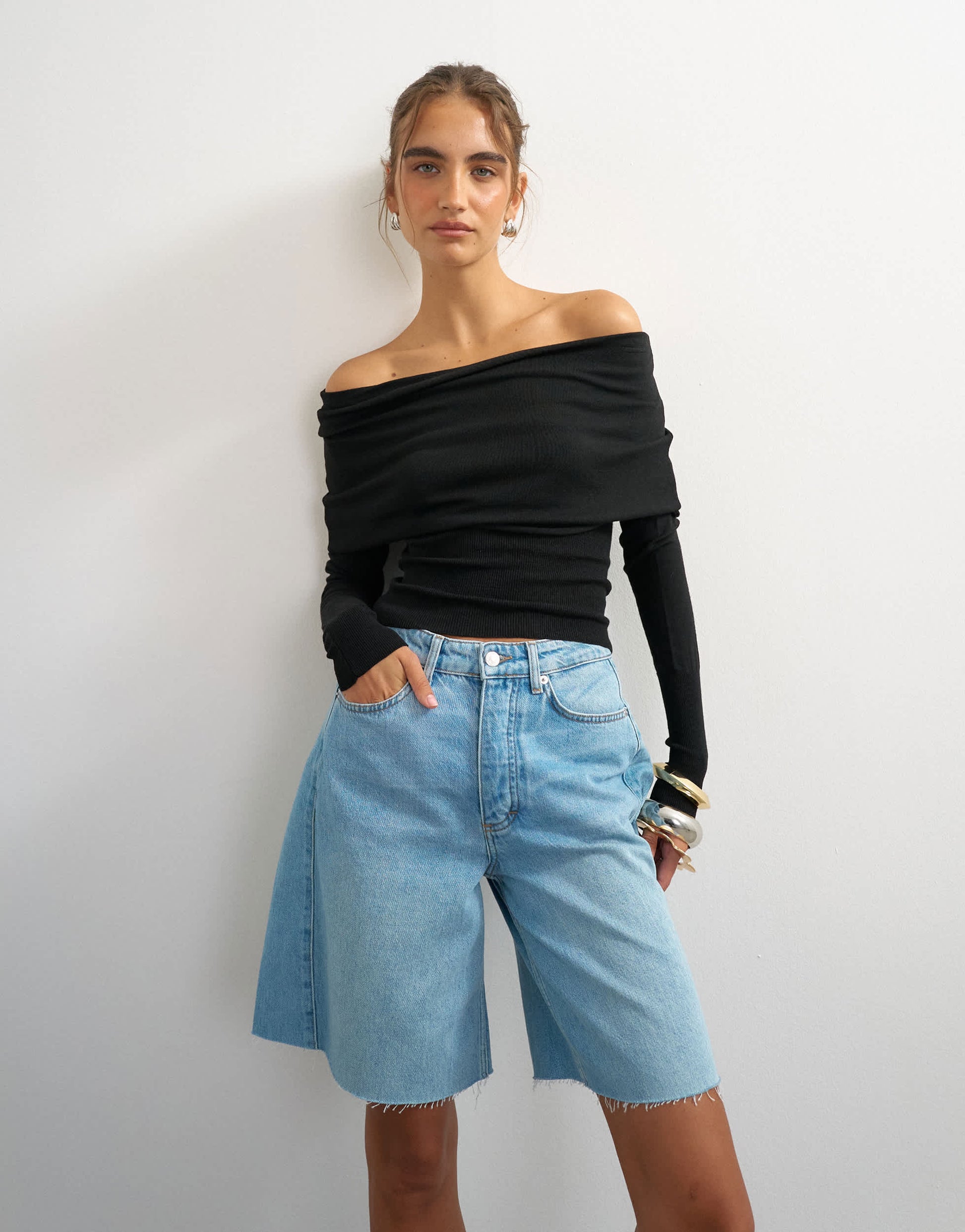 Topshop knitted bardot top in black