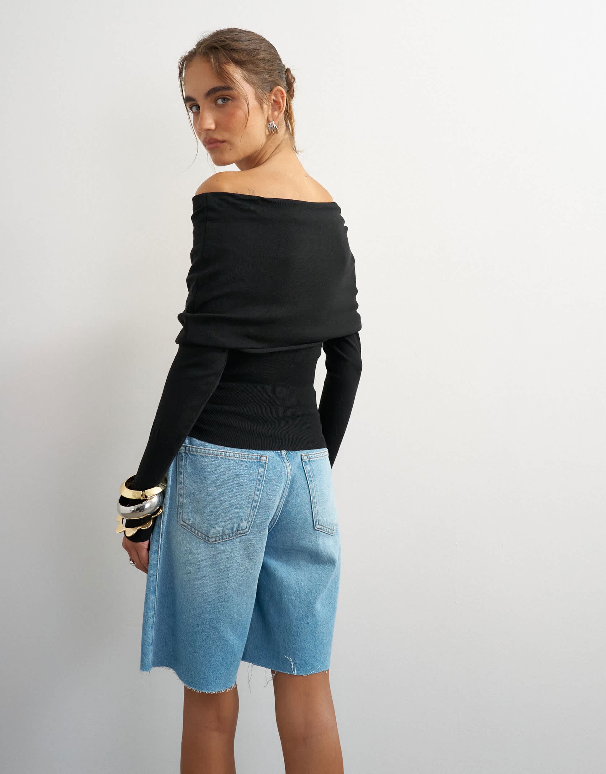 Topshop knitted bardot top in black