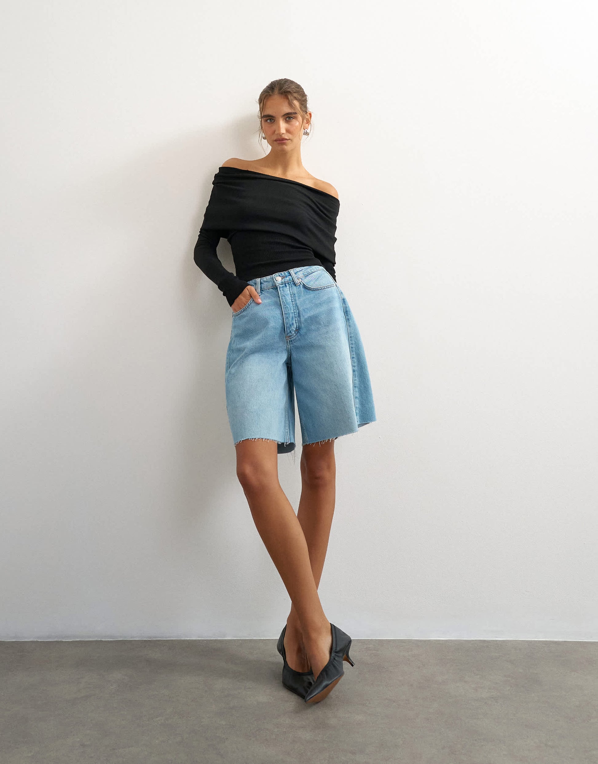 Topshop knitted bardot top in black