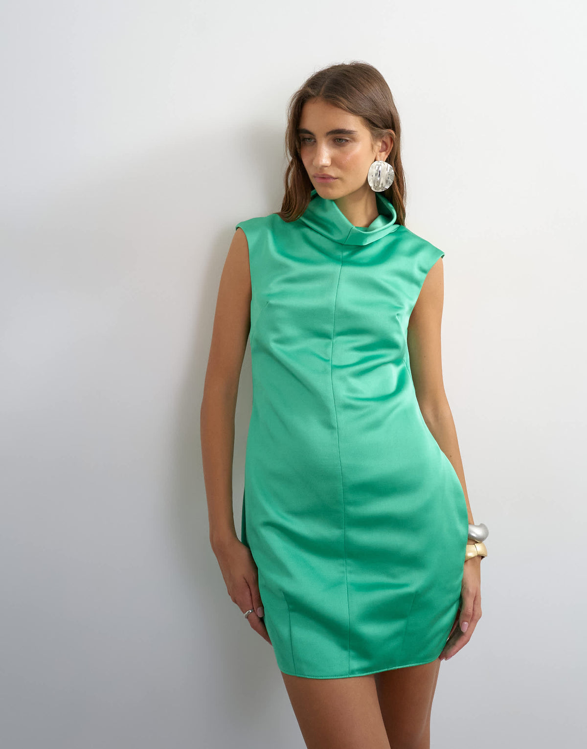 Topshop satin funnel neck barrel mini dress in spearmint green