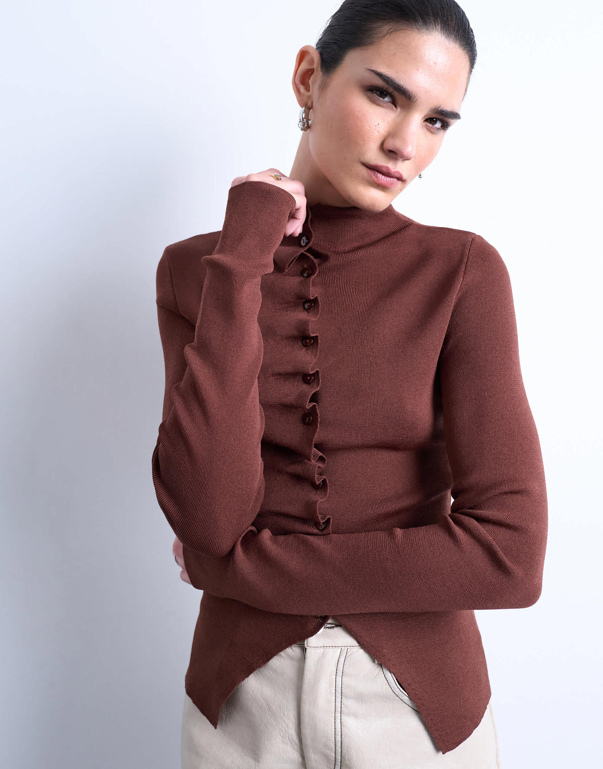 Topshop knitted ruffle button top in chocolate