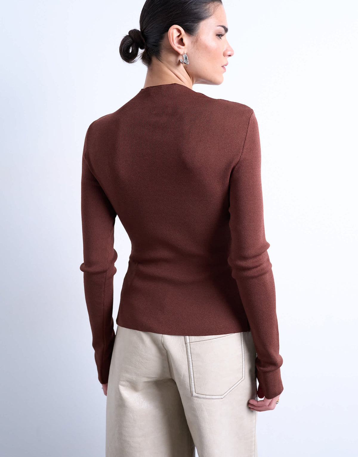 Topshop knitted ruffle button top in chocolate