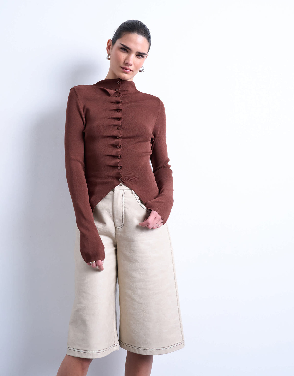 Topshop knitted ruffle button top in chocolate