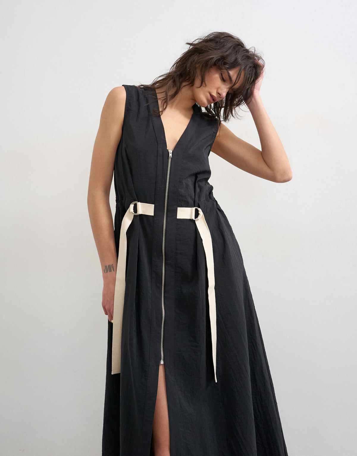 Topshop crinkle v neck zip front utility maxi dress in black