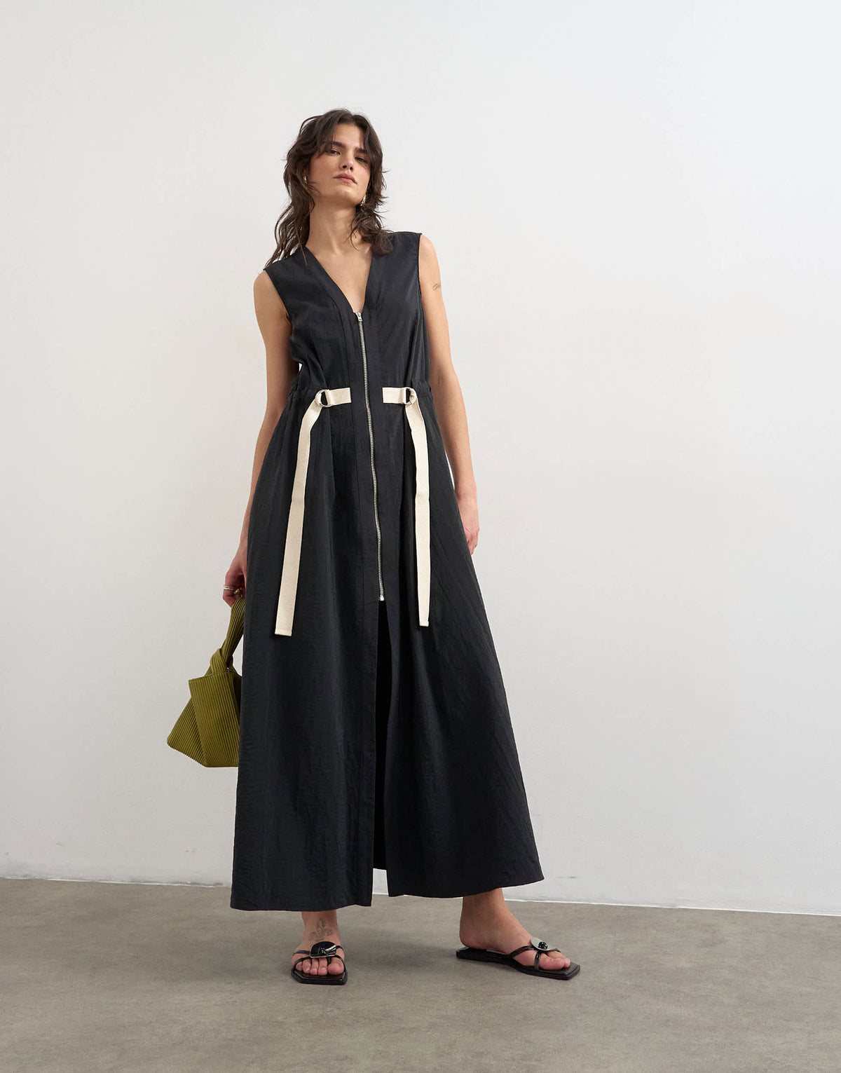 Topshop crinkle v neck zip front utility maxi dress in black