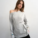 Top Topshop à épaules dénudées et ceinture froncée en gris chiné