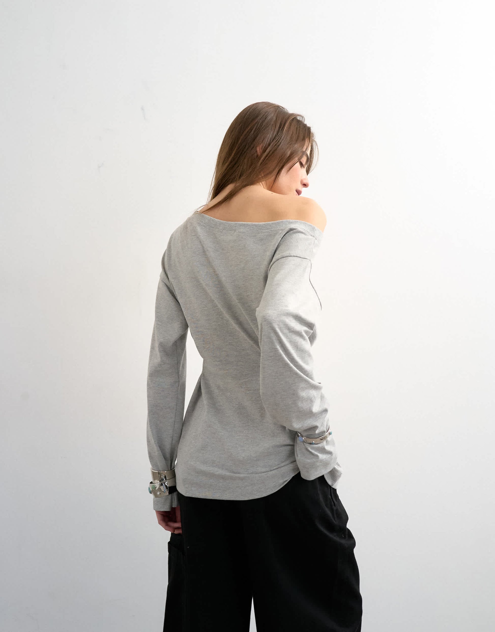 Topshop cinch off the shoulder top in grey marl