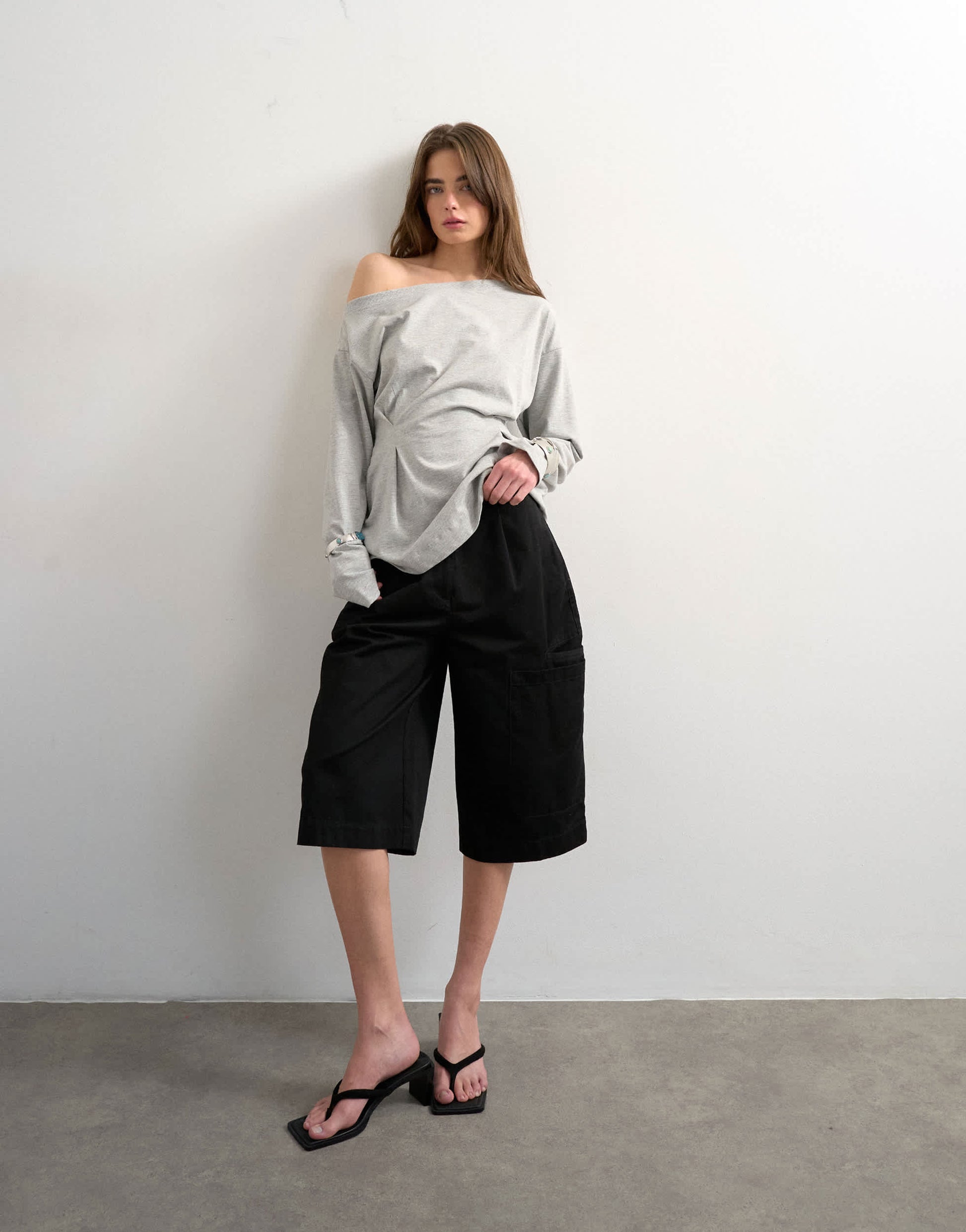 Topshop cinch off the shoulder top in grey marl