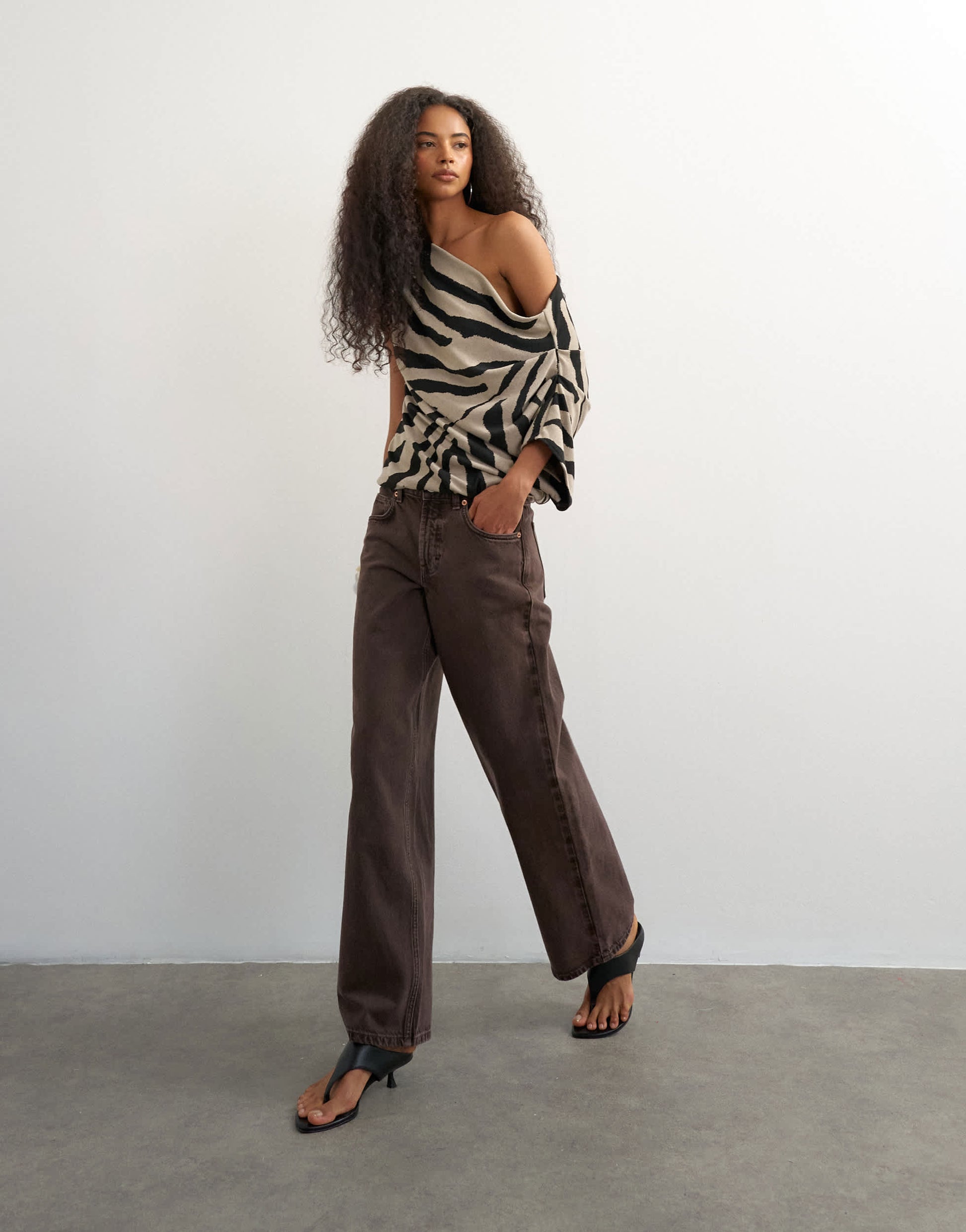 Topshop soft touch drape shoulder top in zebra print