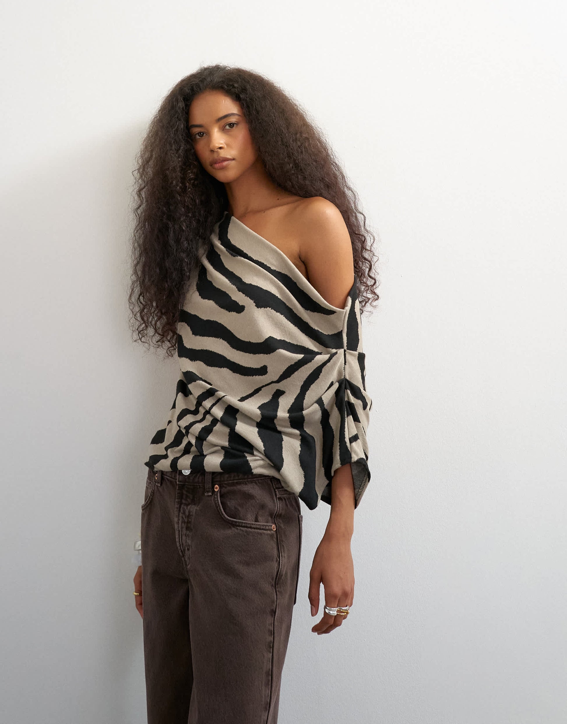 Topshop soft touch drape shoulder top in zebra print