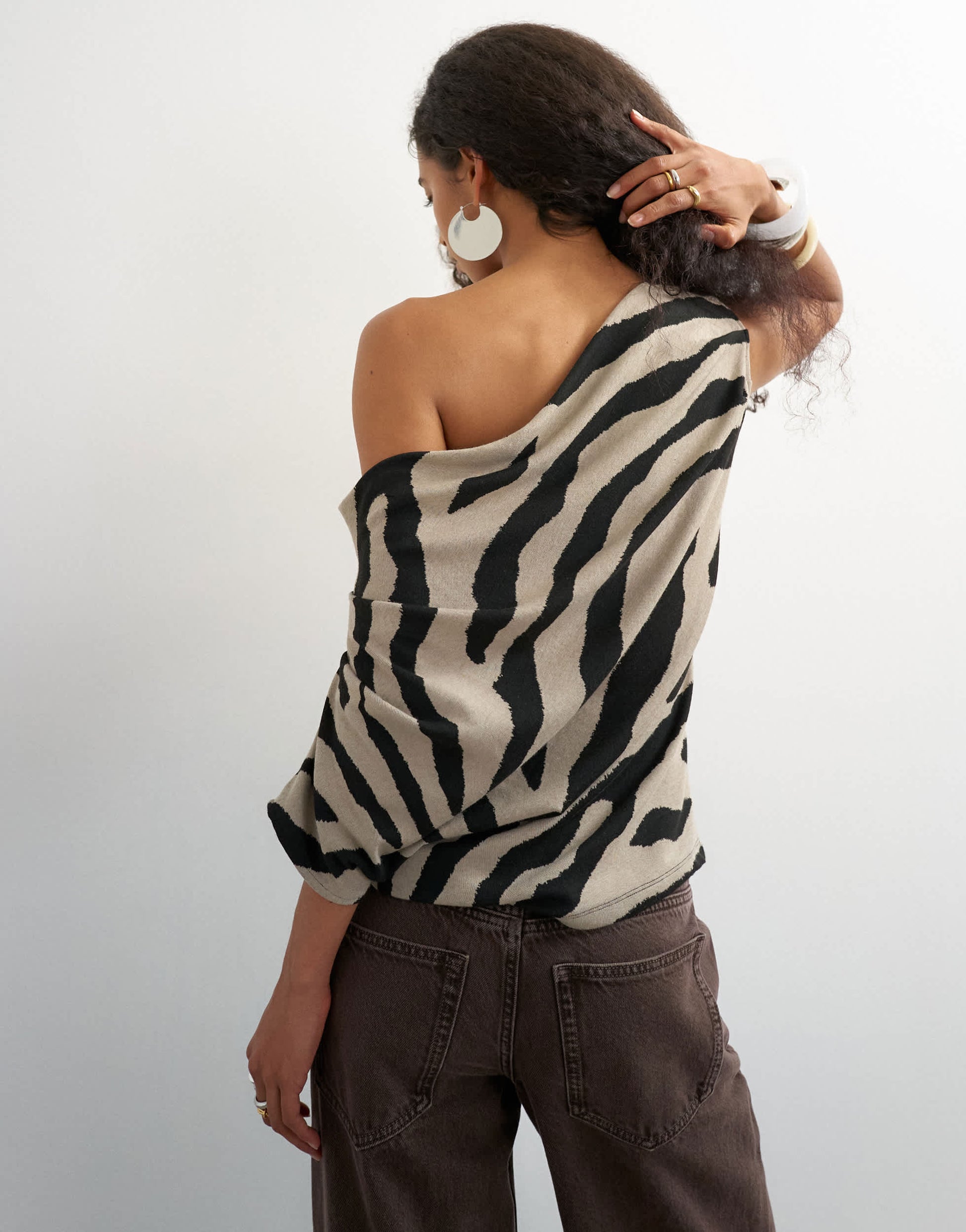 Topshop soft touch drape shoulder top in zebra print