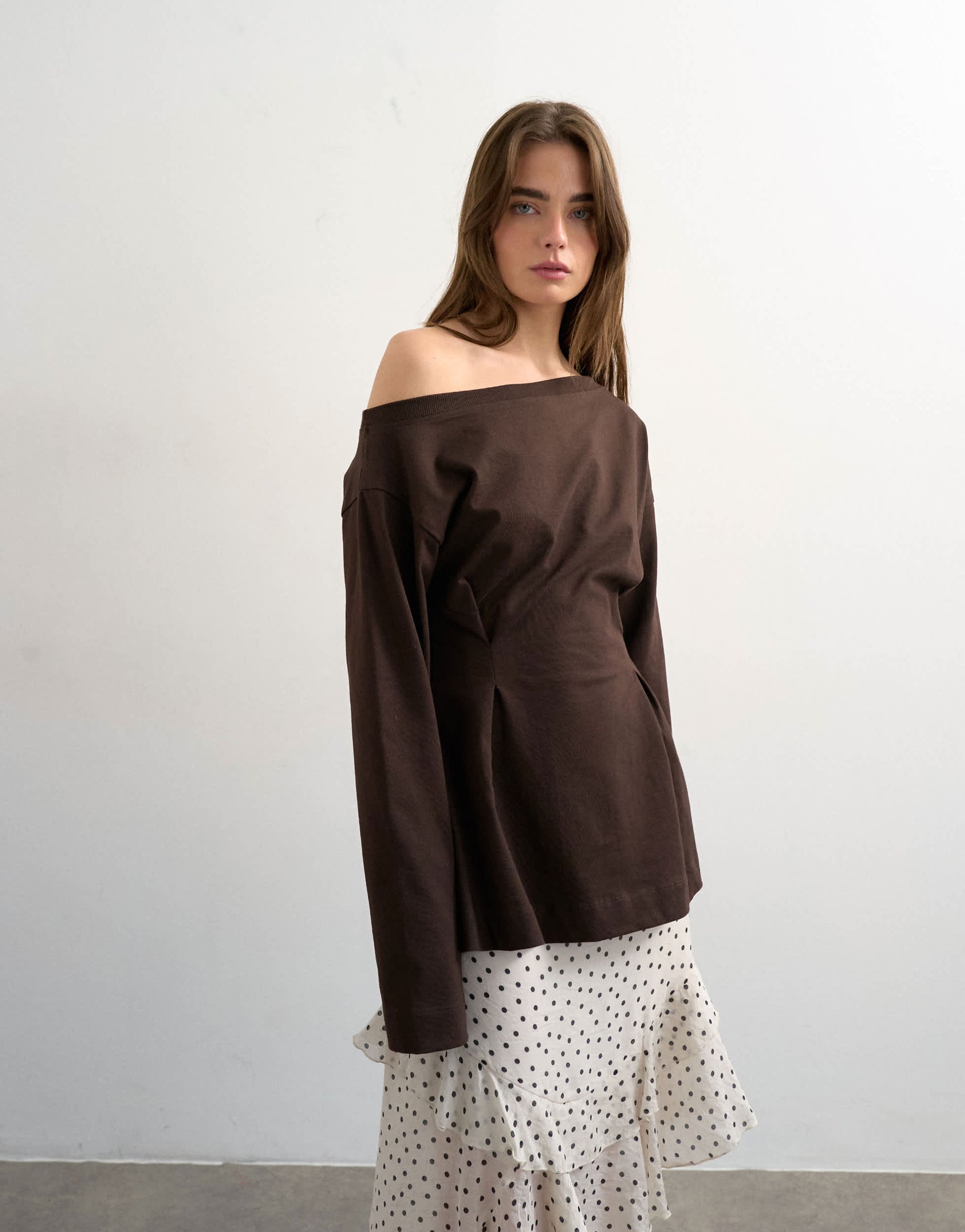 Topshop cinch off the shoulder top in chocolate