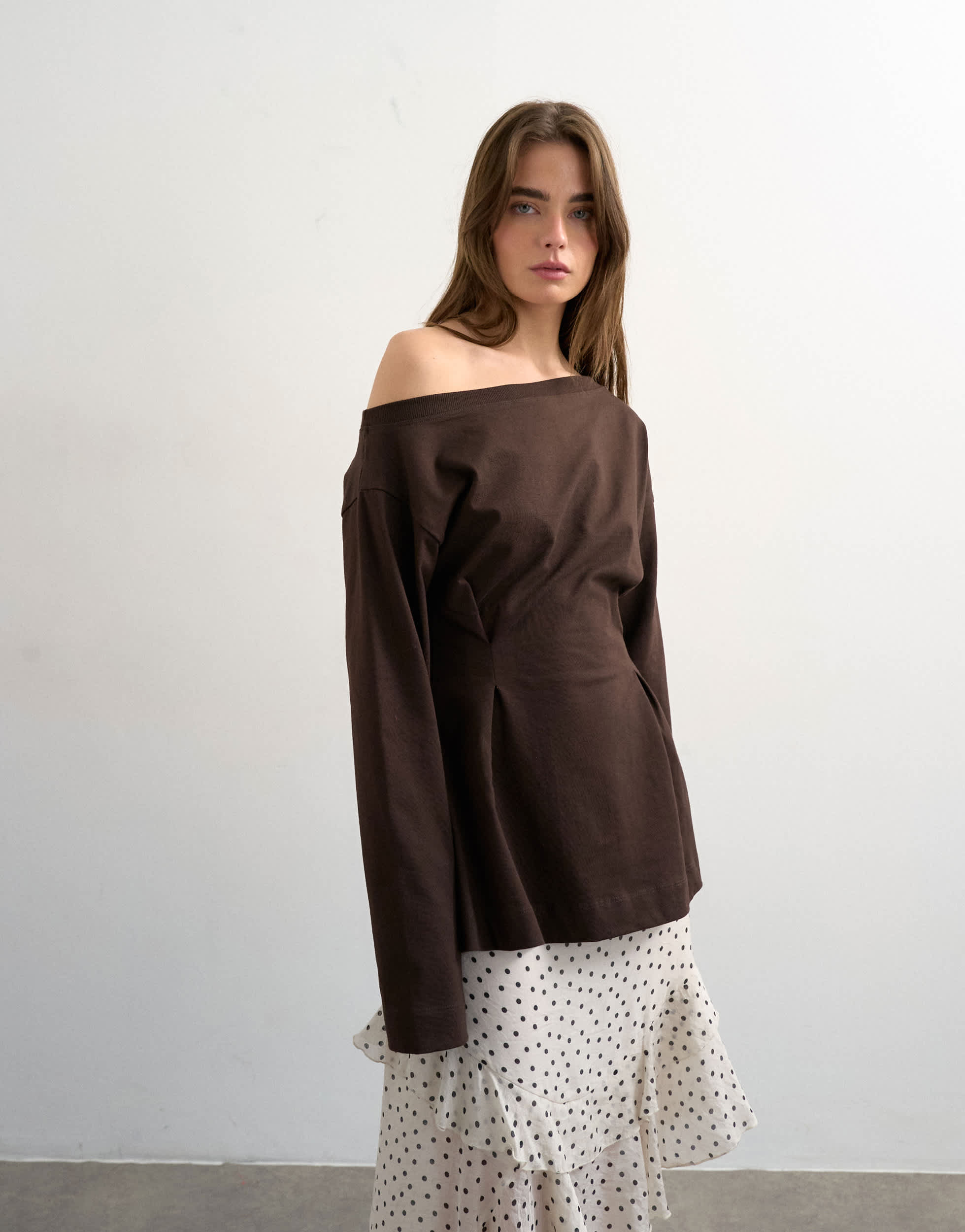 Topshop cinch off the shoulder top in chocolate