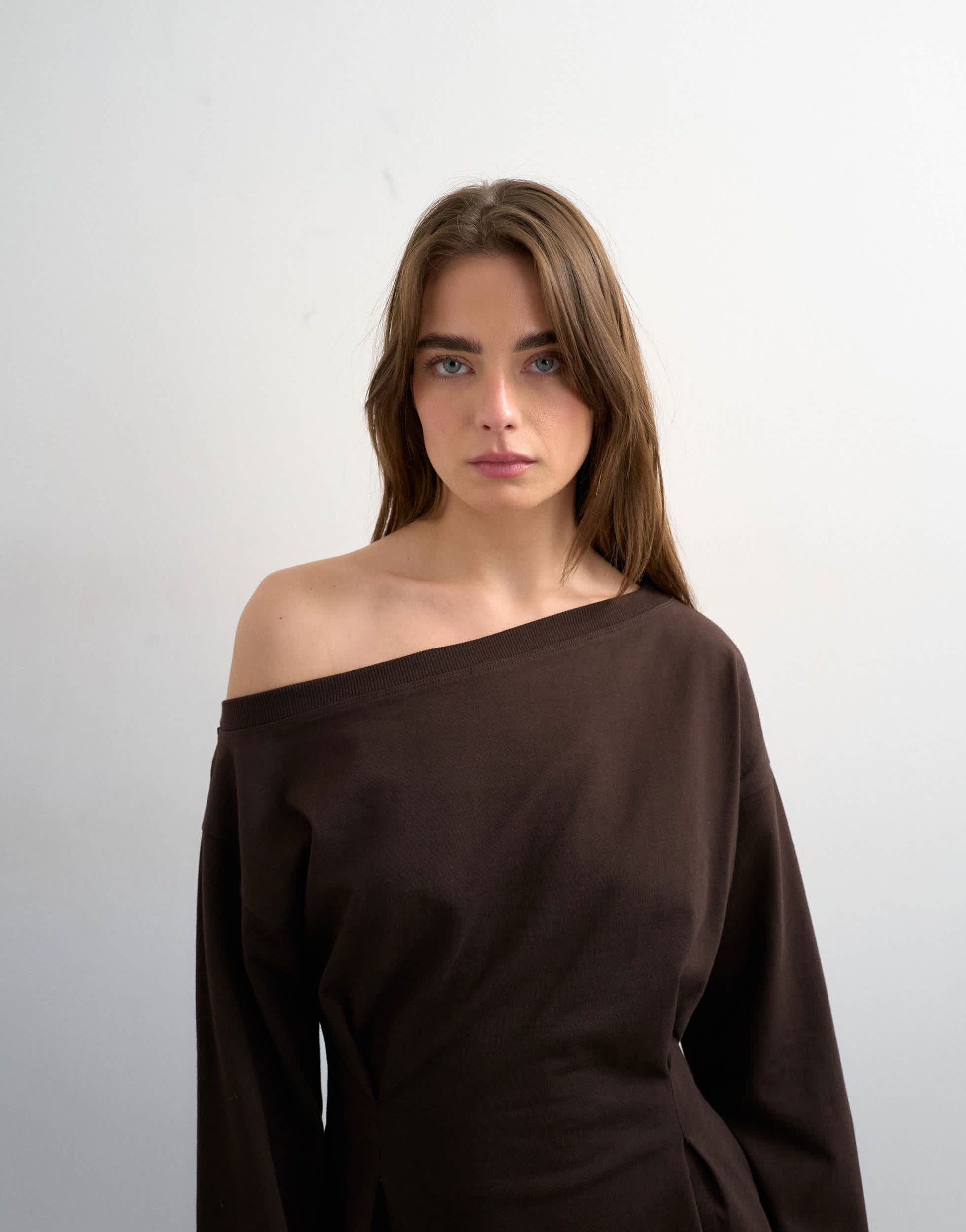 Topshop cinch off the shoulder top in chocolate