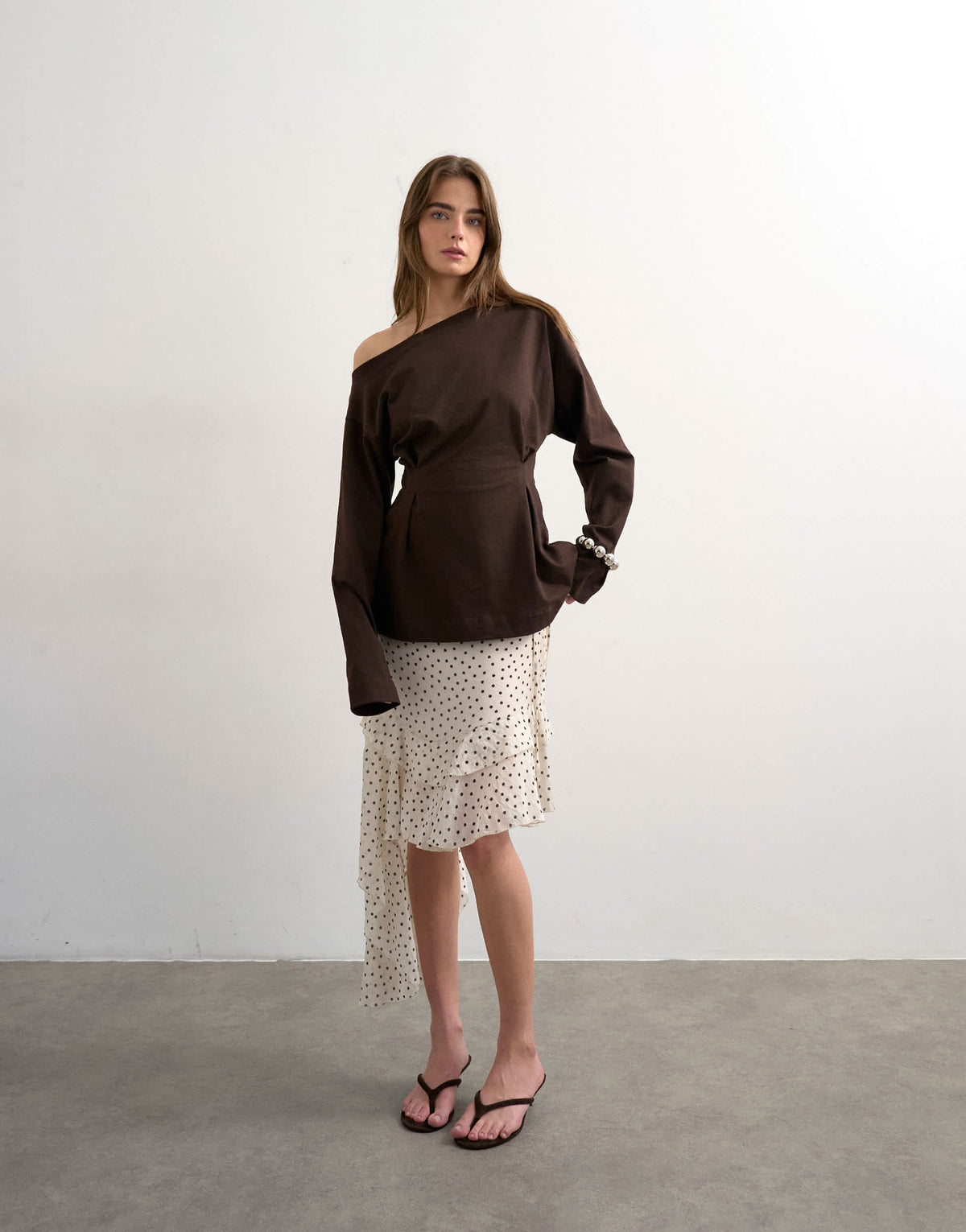 Topshop cinch off the shoulder top in chocolate