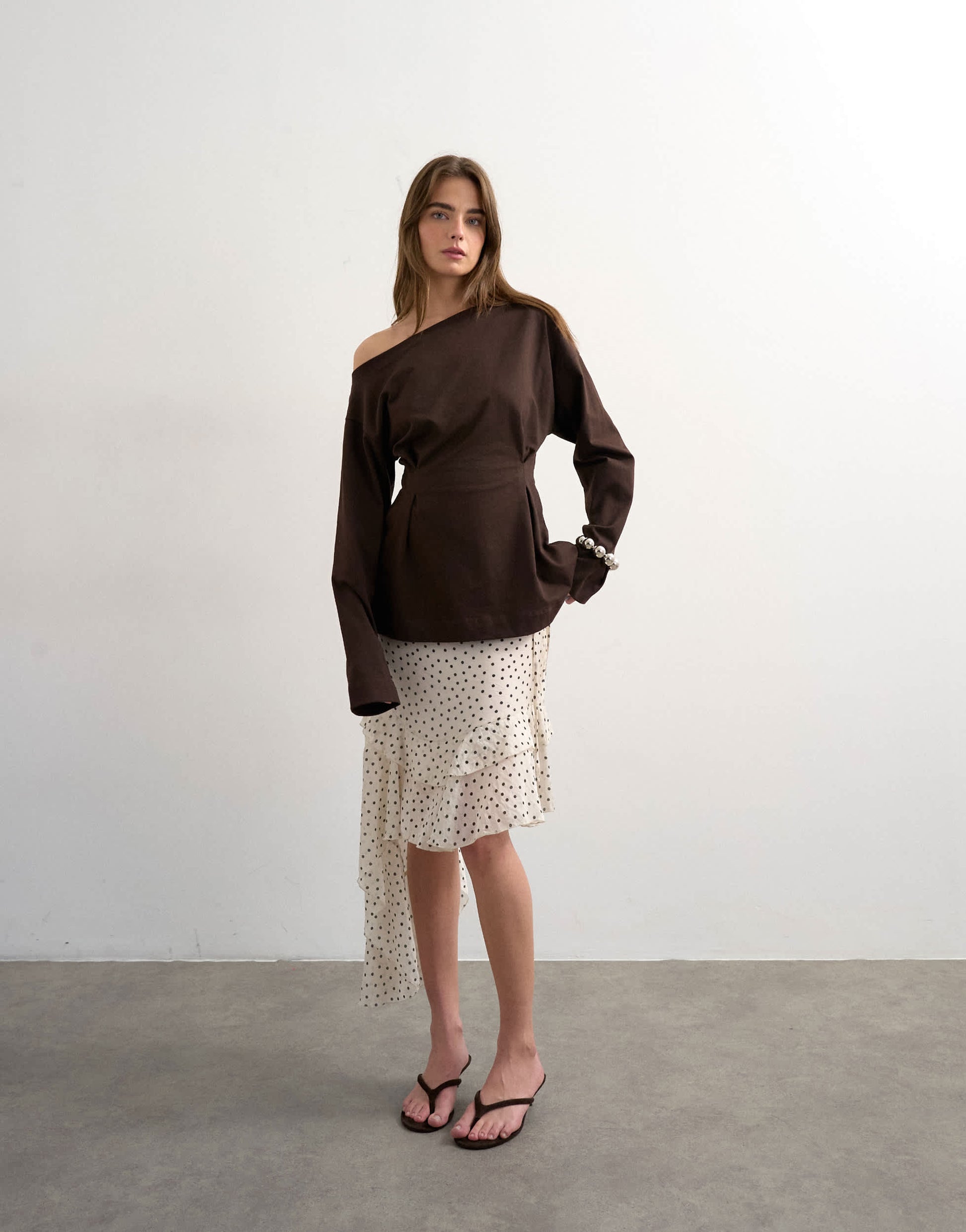 Topshop cinch off the shoulder top in chocolate