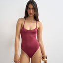 Topshop Cyprus glitter swimsuit in aubergine