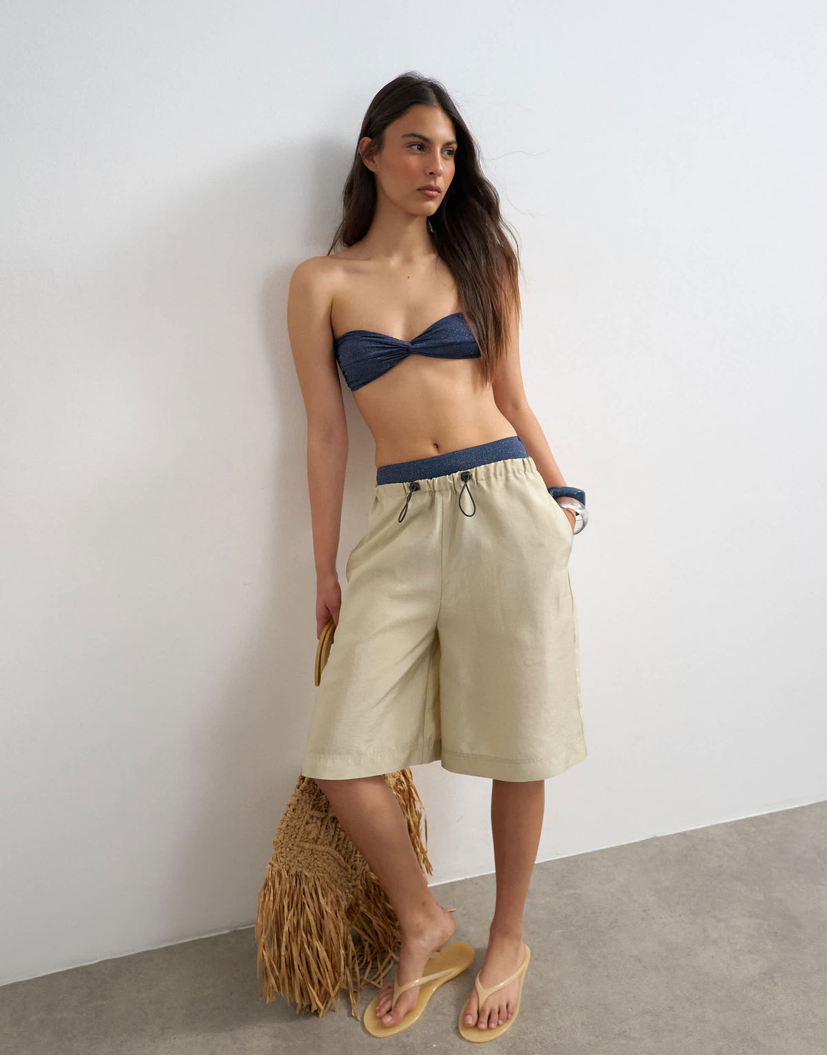 Topshop Hawaii glitter bandeau bikini top in navy