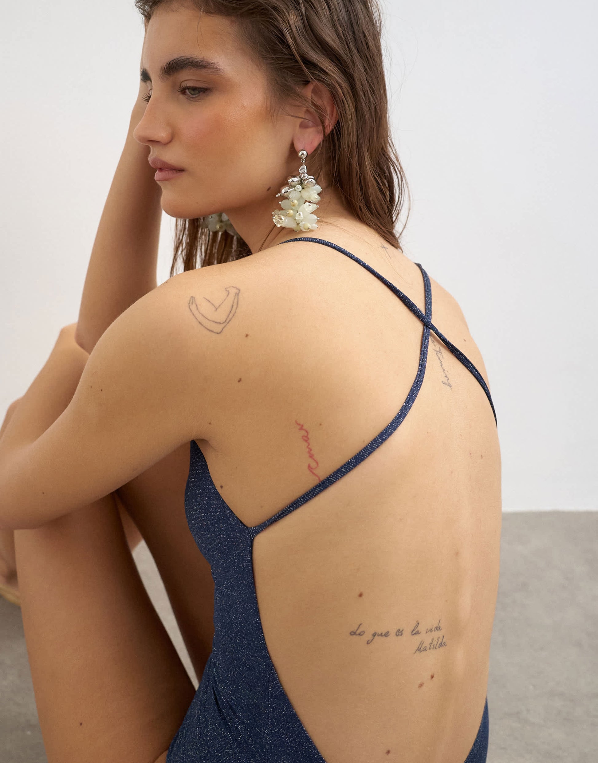 Topshop Cyprus glitter swimsuit in navy