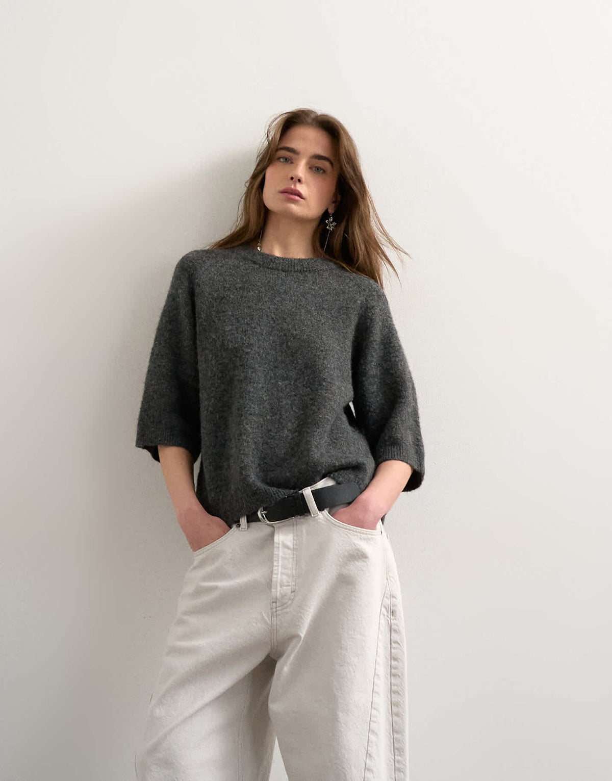 Topshop knitted half sleeve t-shirt in charcoal