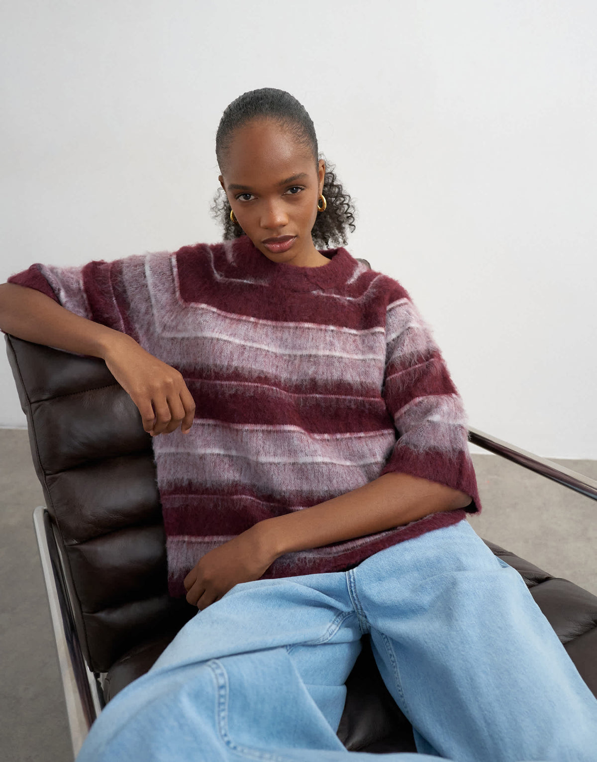 Topshop knitted half sleeve stripey t-shirt in burgundy