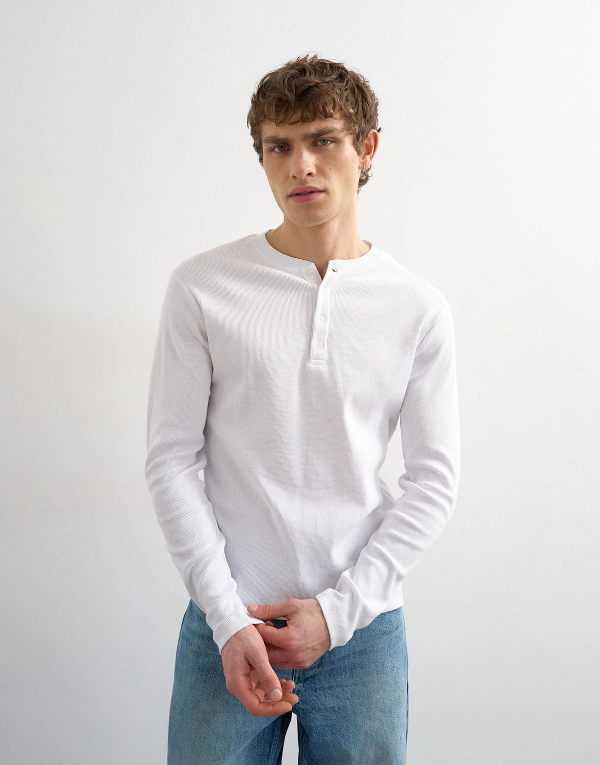 Topman slim fit long sleeve rib henley t-shirt in white