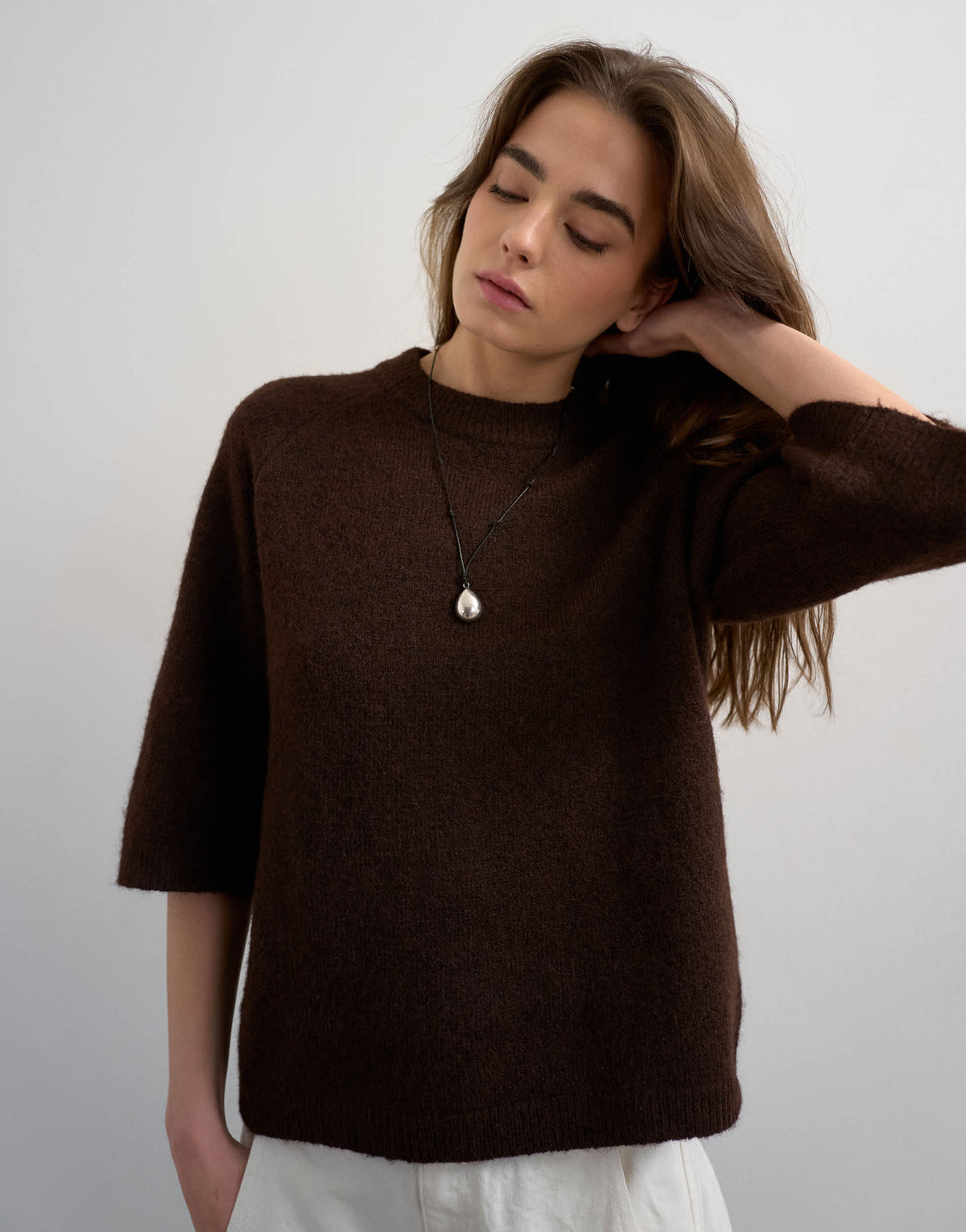Topshop knitted half sleeve t-shirt in chocolate 
