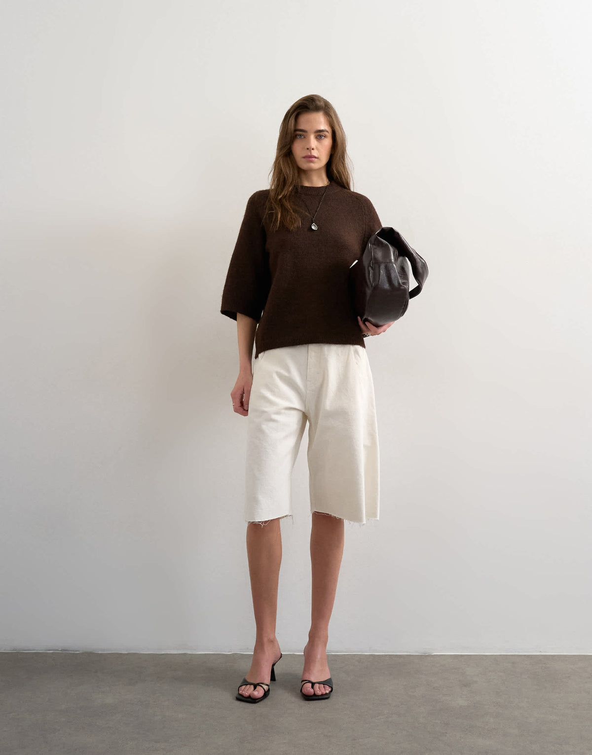 Topshop knitted half sleeve t-shirt in chocolate 