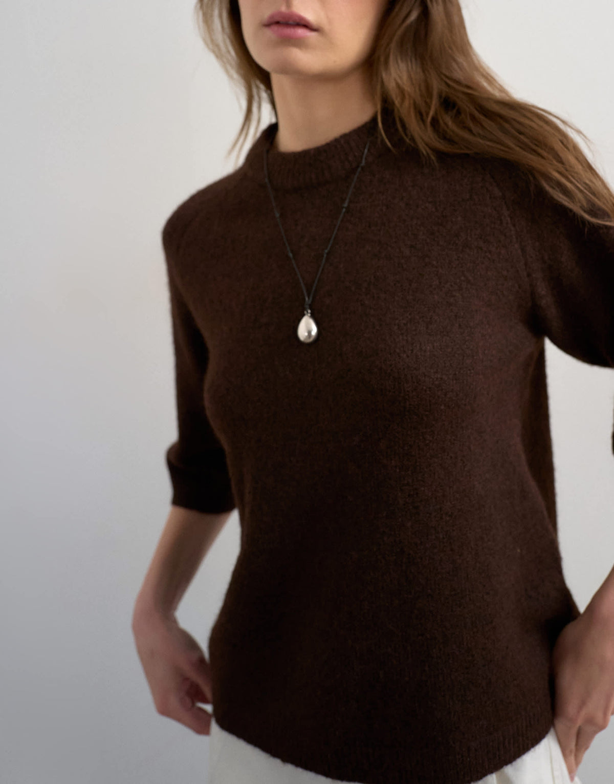 Topshop knitted half sleeve t-shirt in chocolate 