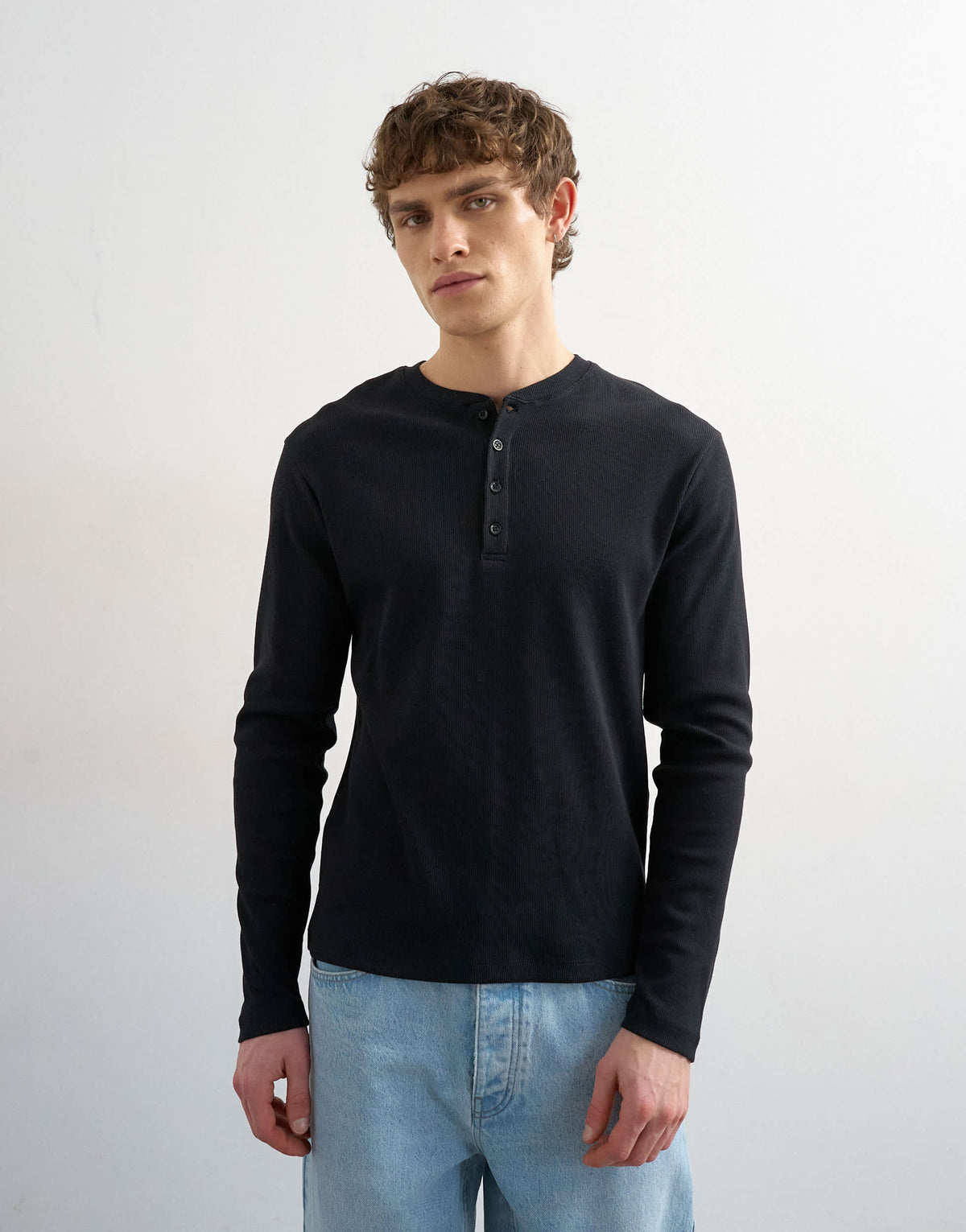 Topman slim fit long sleeve rib henley t-shirt in black