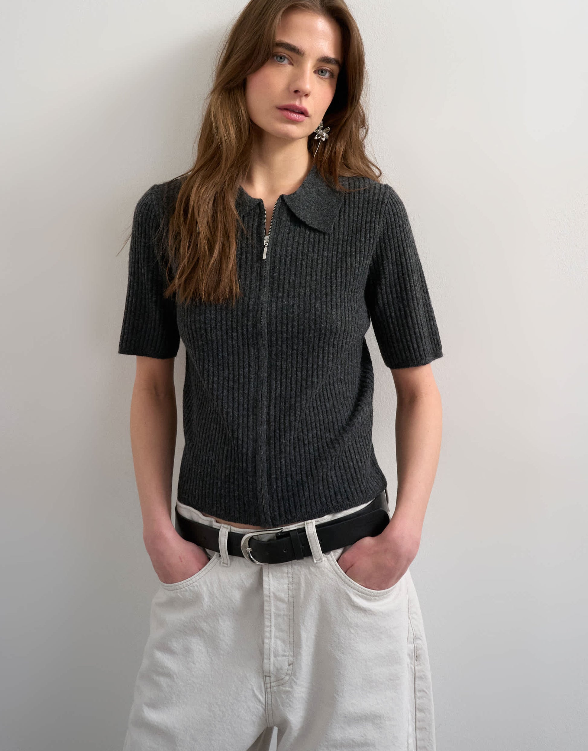 Topshop knitted zip through polo top co-ord in charcoal