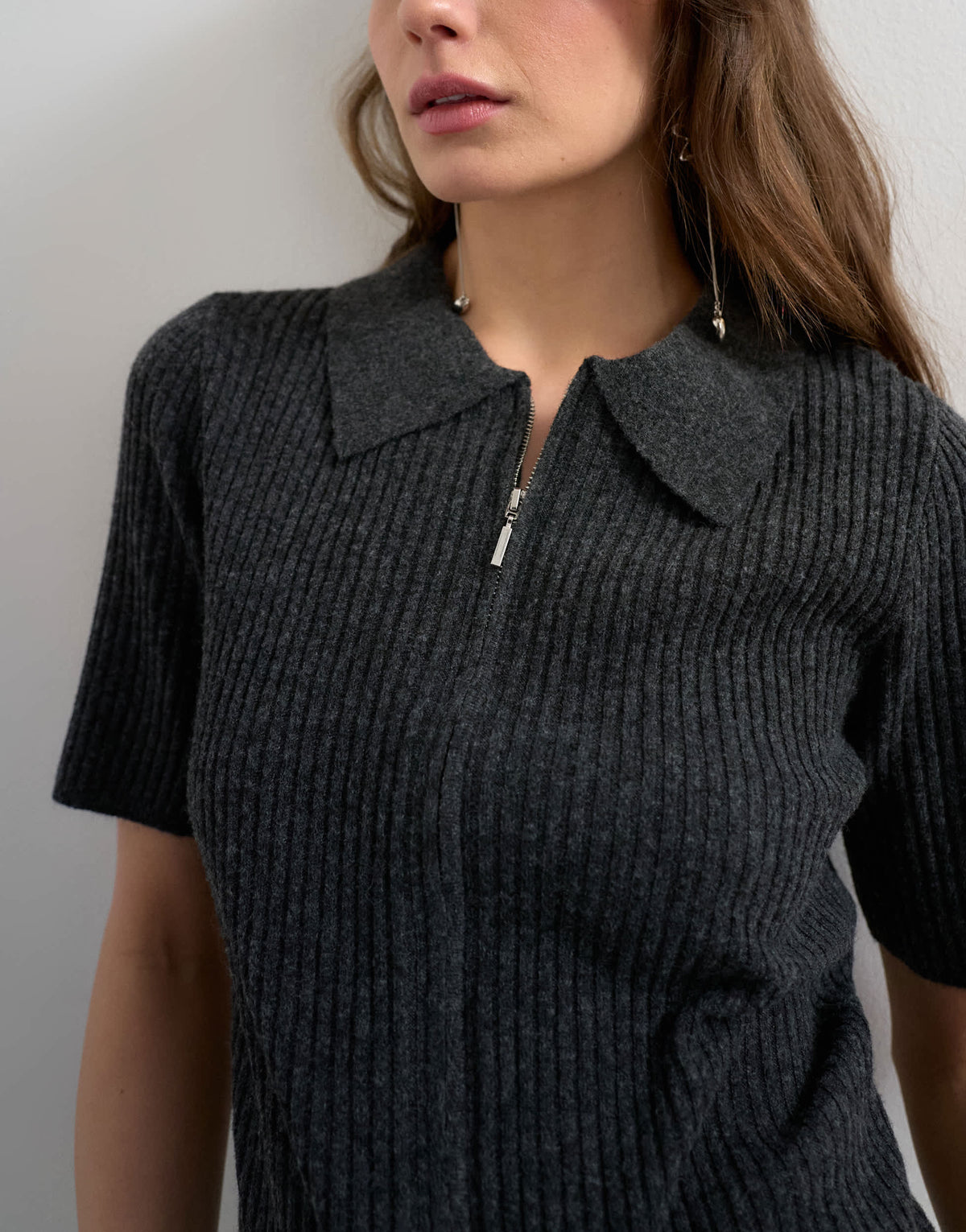 Topshop knitted zip through polo top co-ord in charcoal