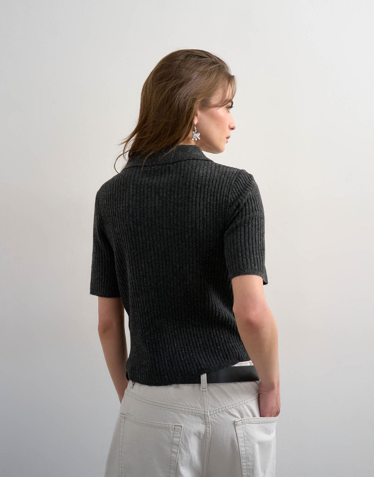 Topshop knitted zip through polo top co-ord in charcoal