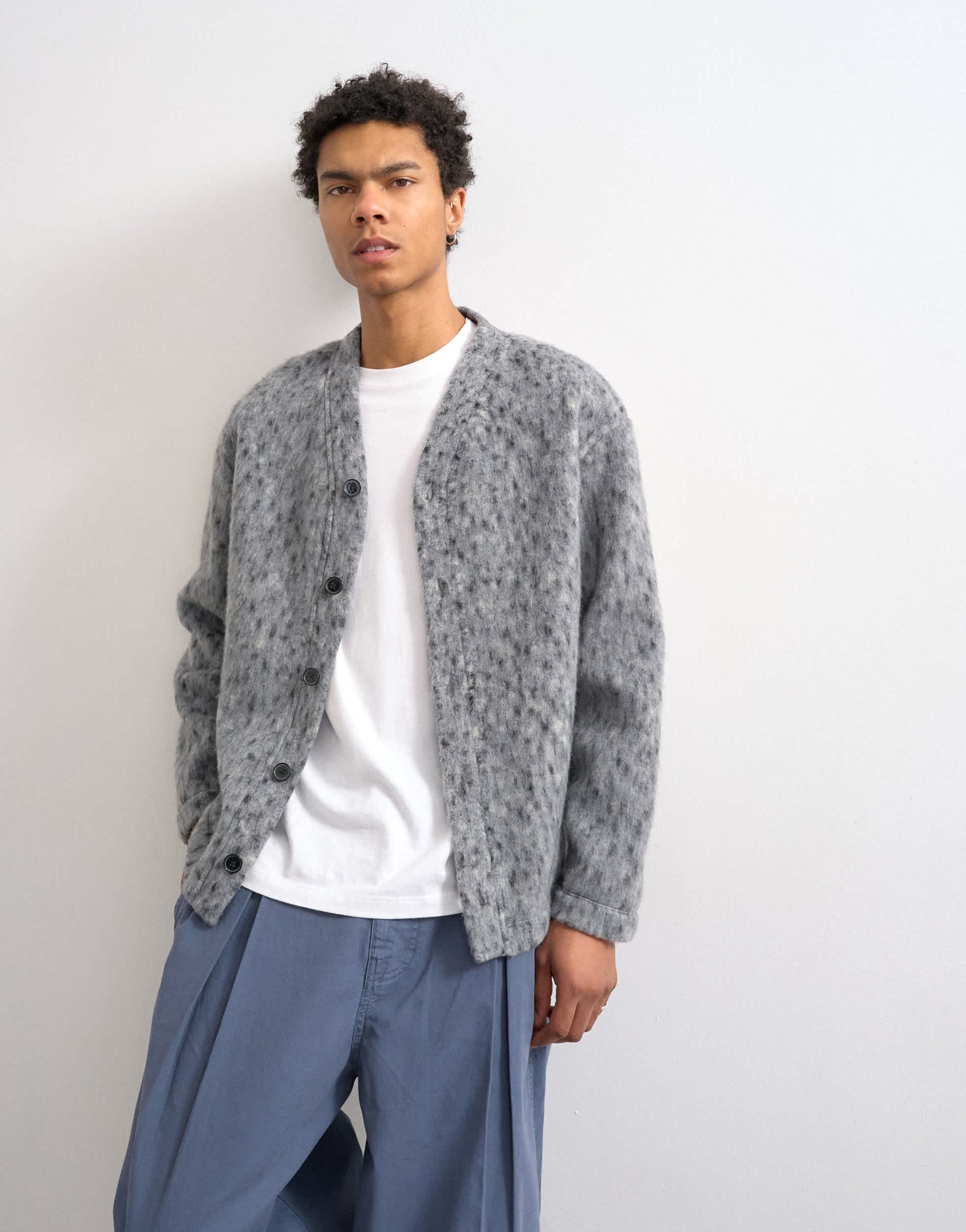 Topman wool mix textured leopard cardigan in grey
