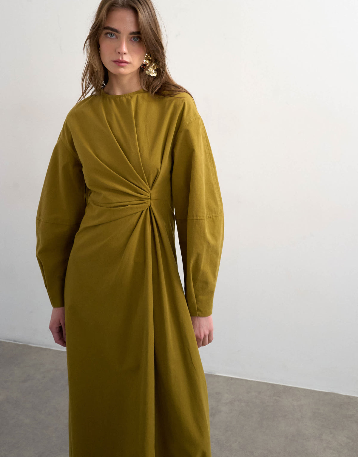 Topshop knot detail midi dress with asymmetric hem in khaki